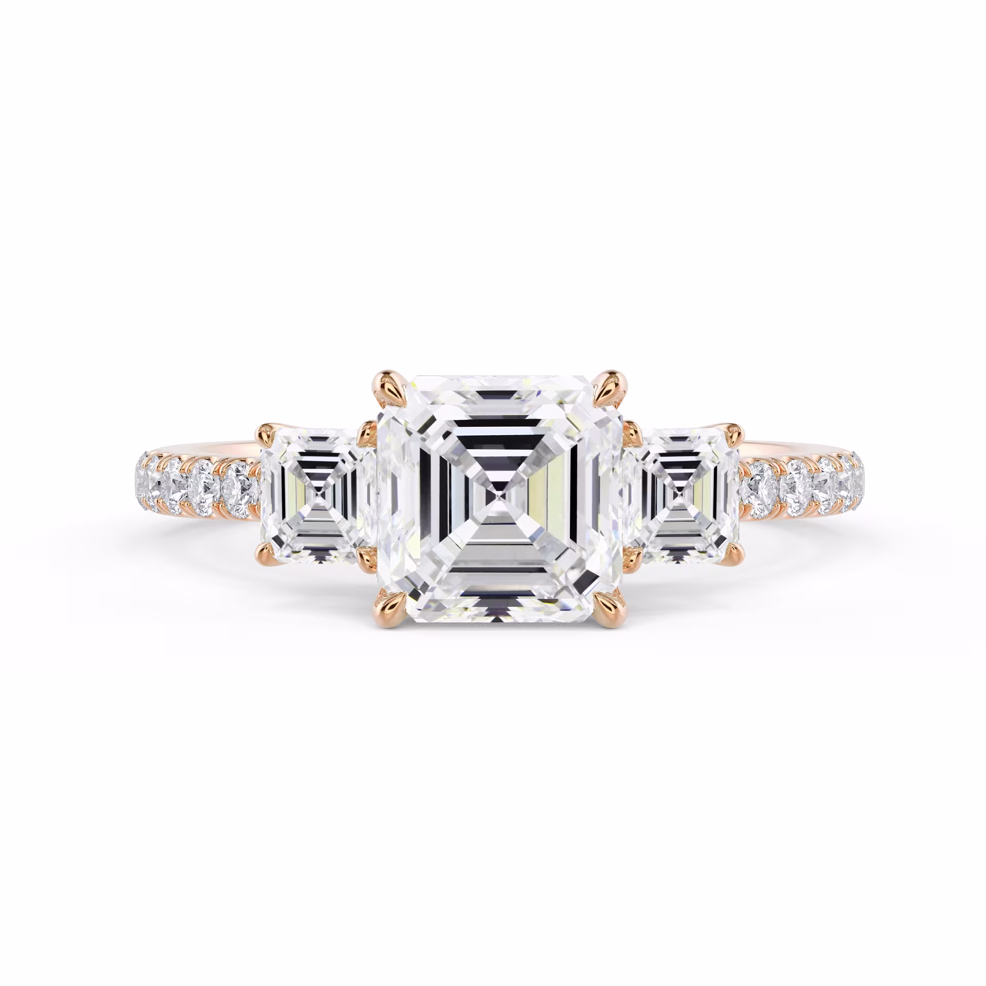 Lab Diamonds set in Rose Gold Asscher Three Stone Pavé Setting (Main View)