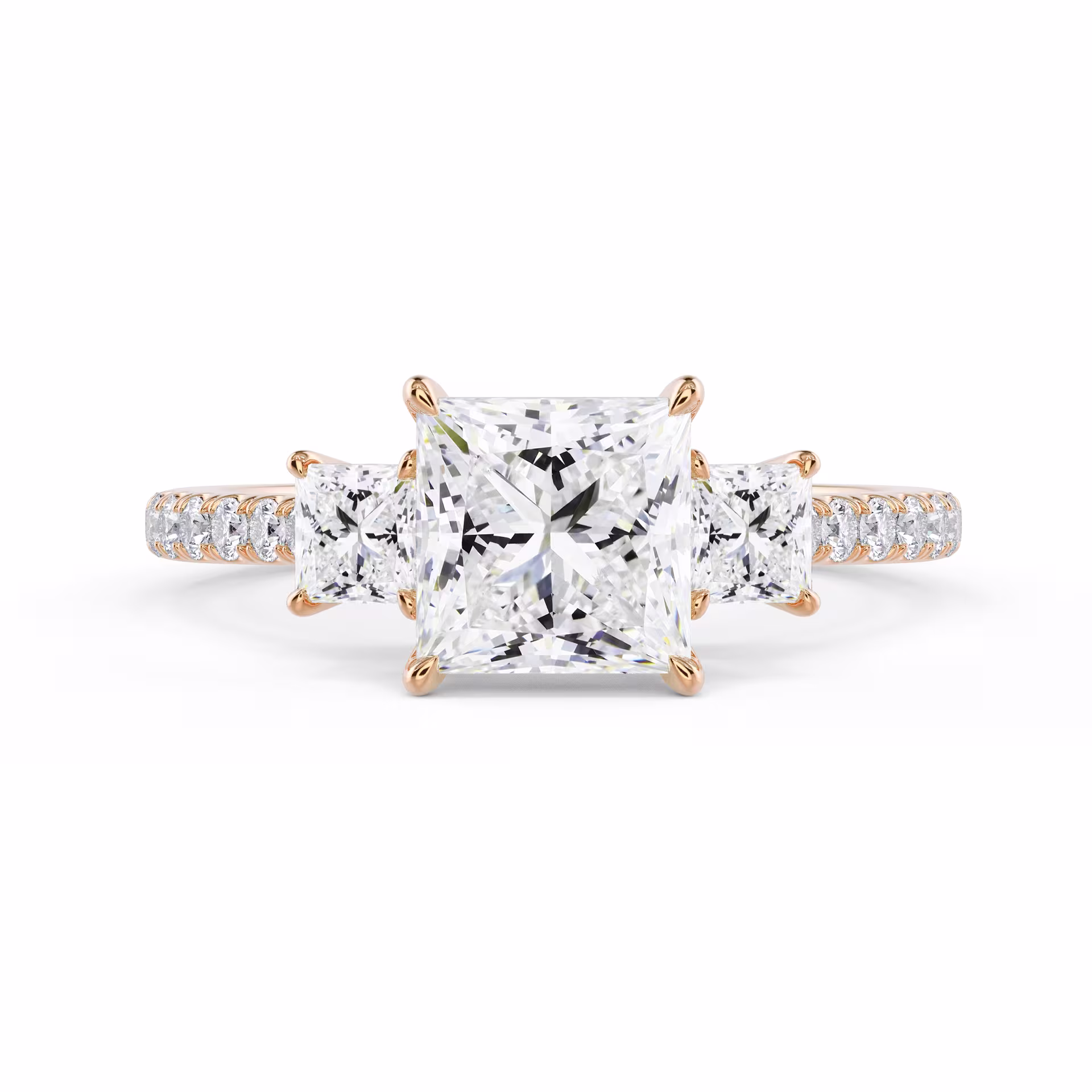 Diamonds set in Rose Gold Princess Three Stone Pavé Diamond Engagement Ring (Main View)