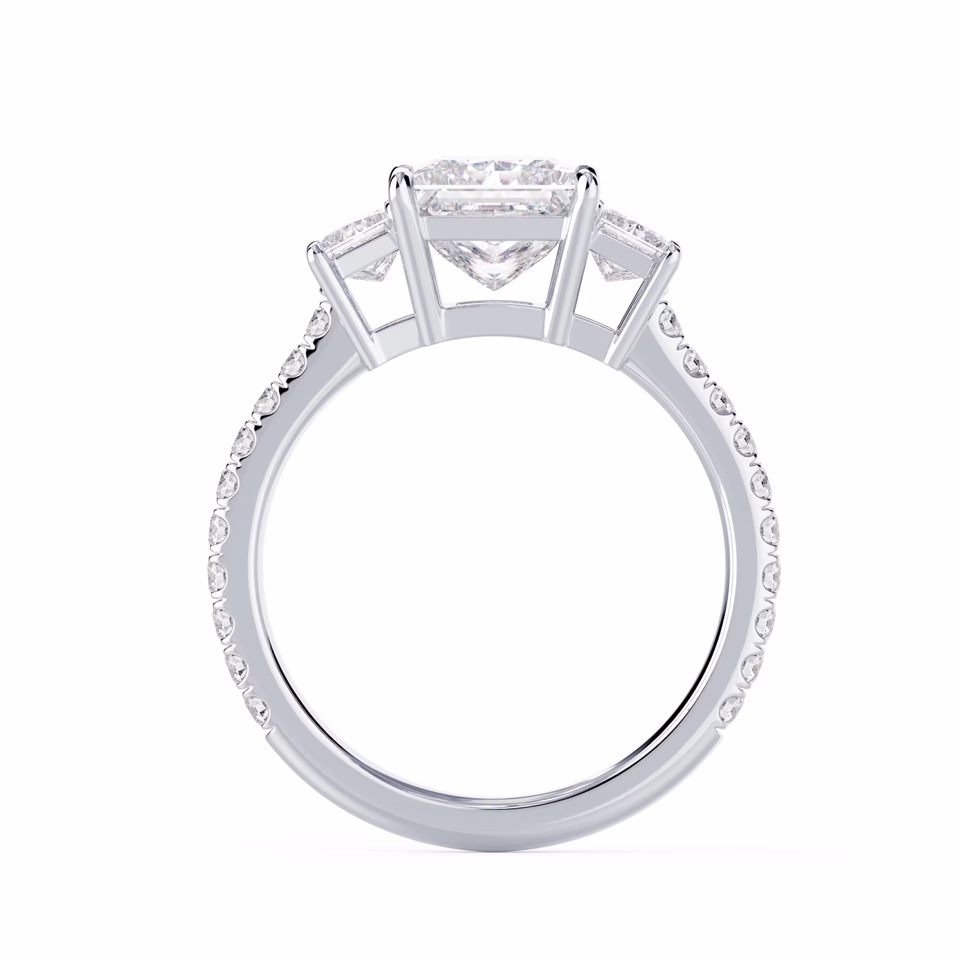 Diamonds Princess Three Stone Pavé Setting in White Gold (Profile View)