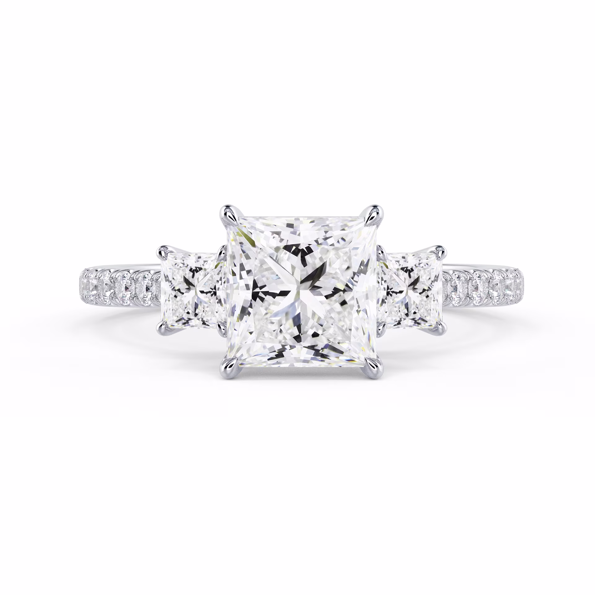 Lab Diamonds Princess Three Stone Pavé Setting in White Gold (Main View)