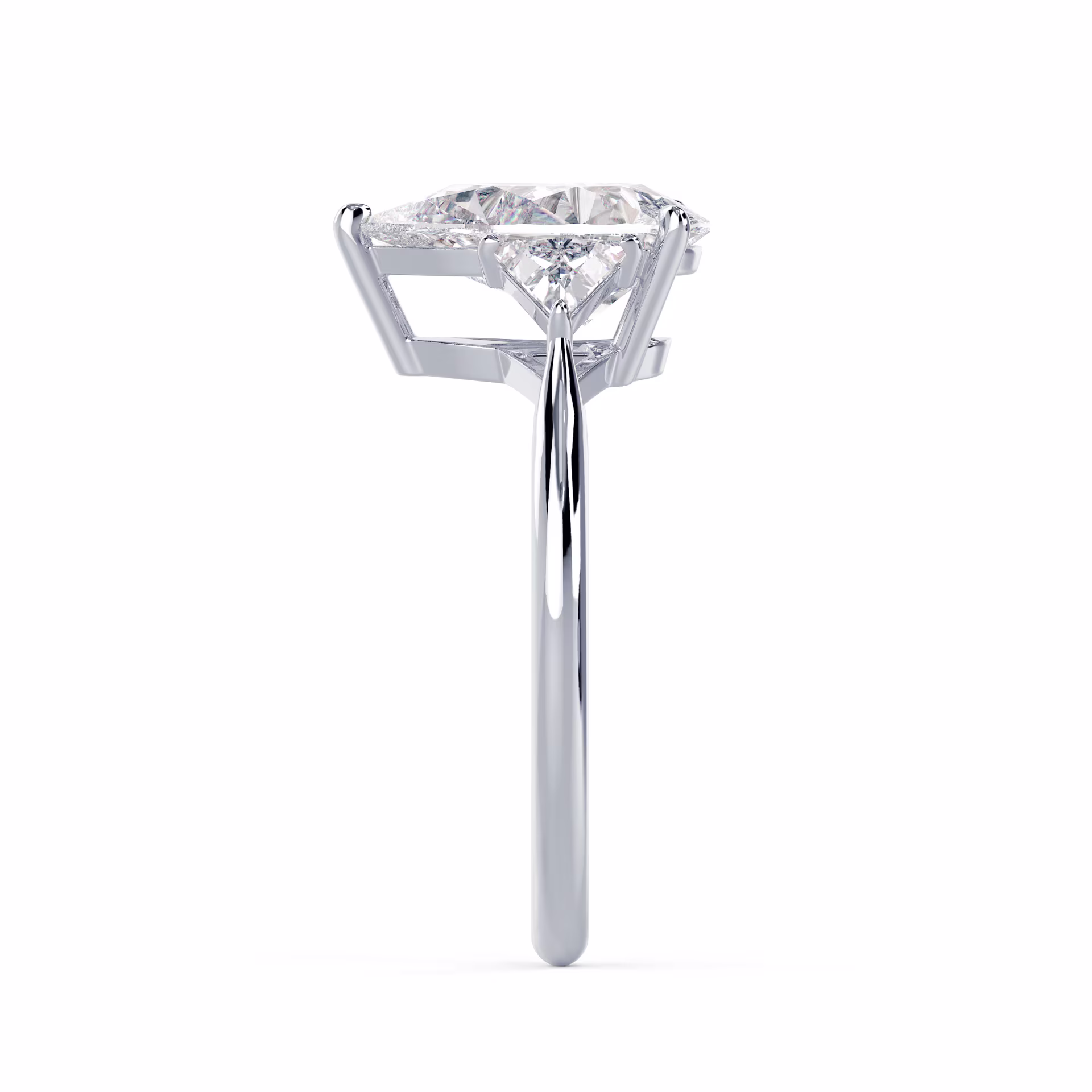 Exceptional Quality Diamonds Pear and Trillion Diamond Engagement Ring in White Gold (Side View)