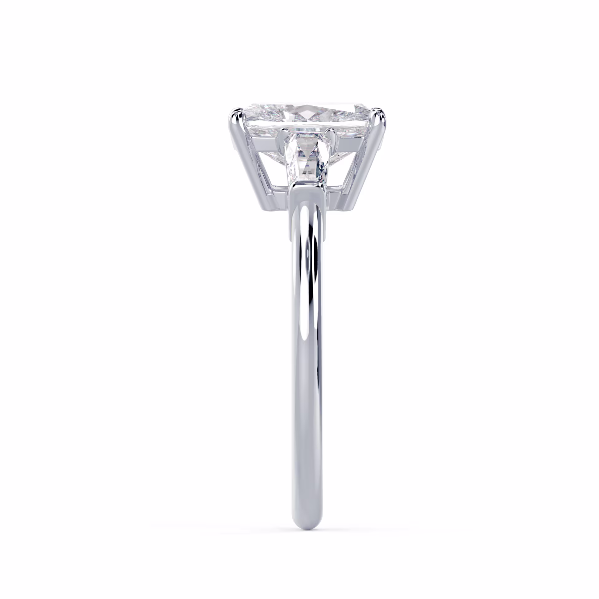 Diamonds set in White Gold Cushion and Baguette Setting (Side View)