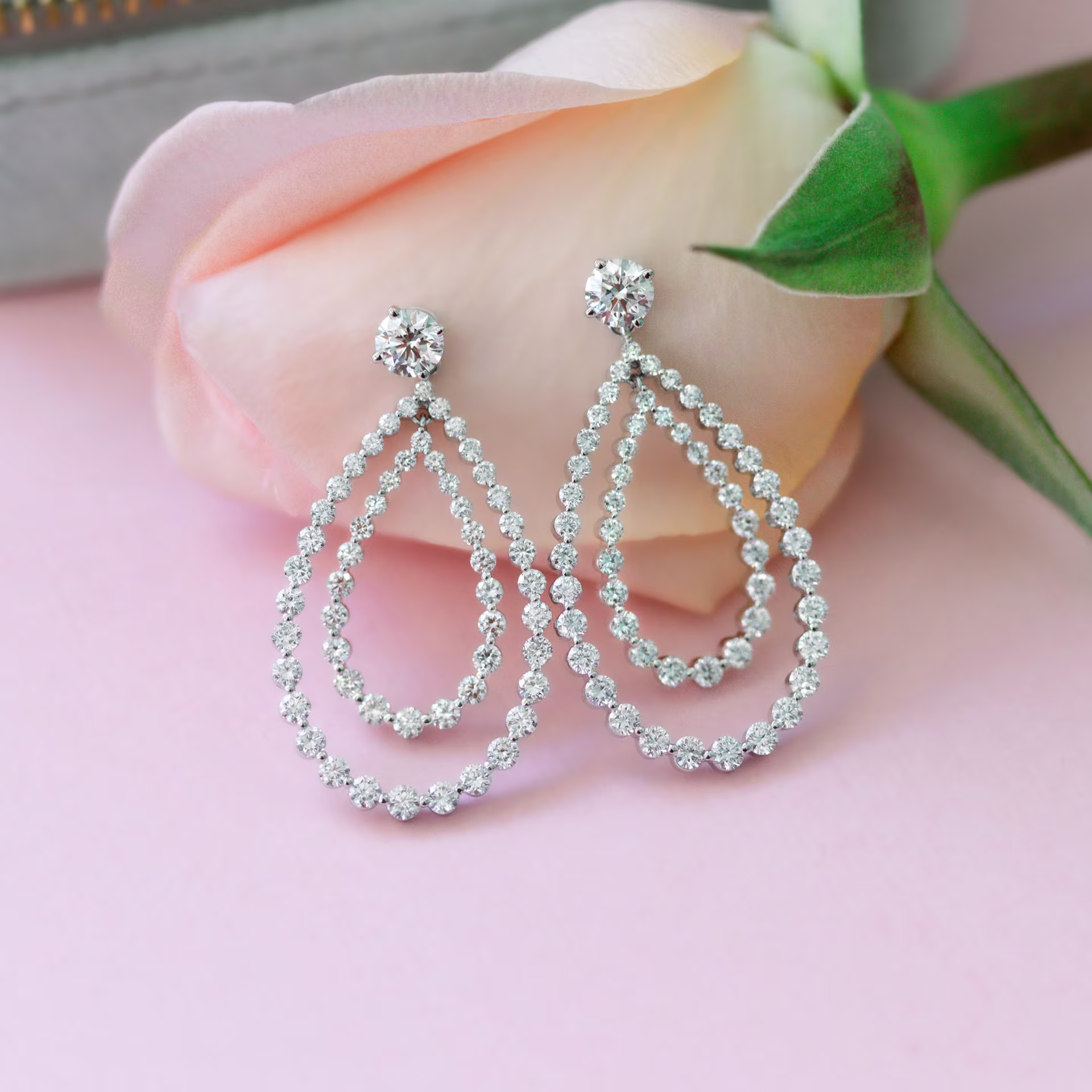 18kt White Gold Double Open Pear Earring Jackets featuring Hand Selected 3.5 Carat Round Brilliant Diamonds (Main View)