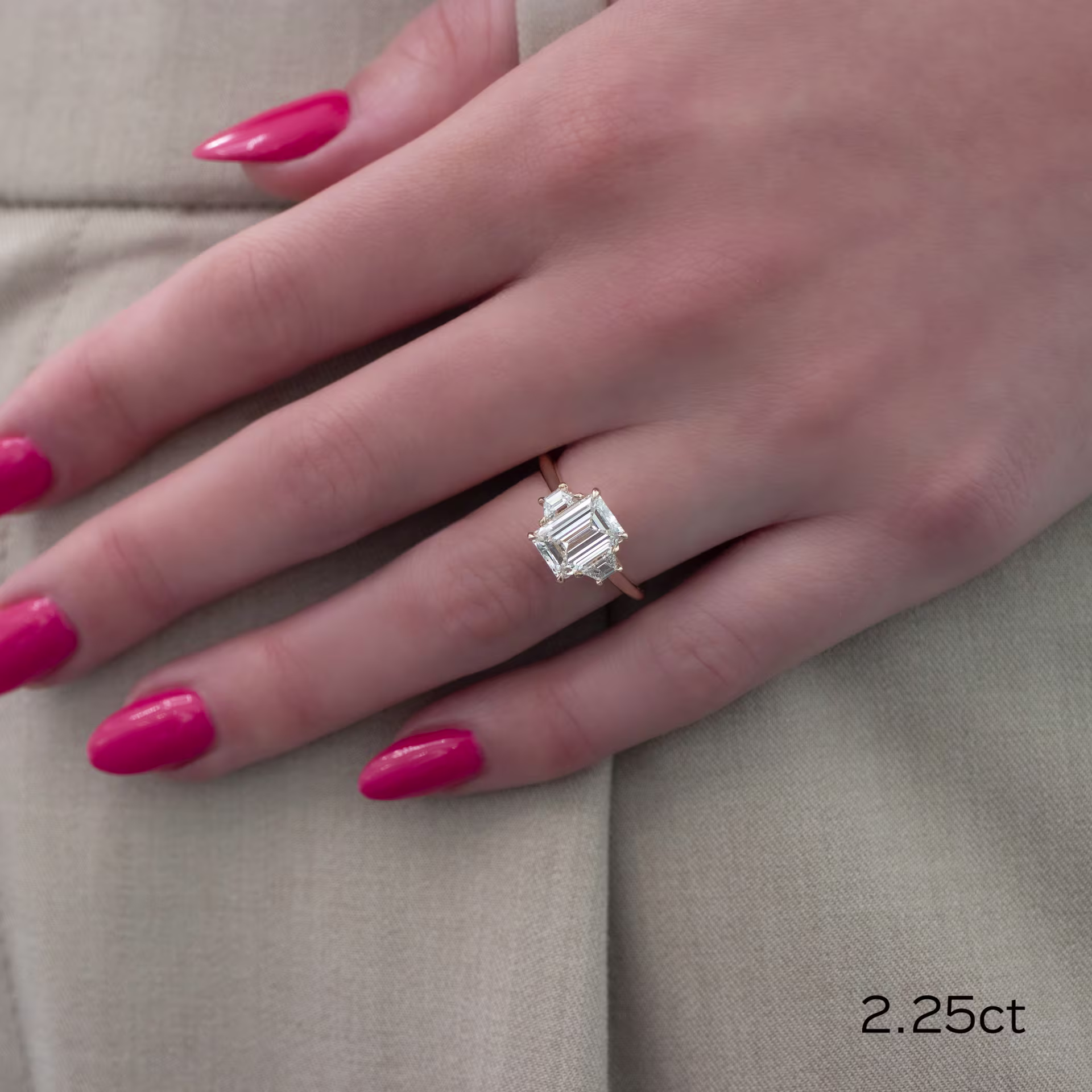 2.25 Carat Synthetic Diamonds Emerald and Trapezoid Diamond Engagement Ring in Yellow Gold (Main View)