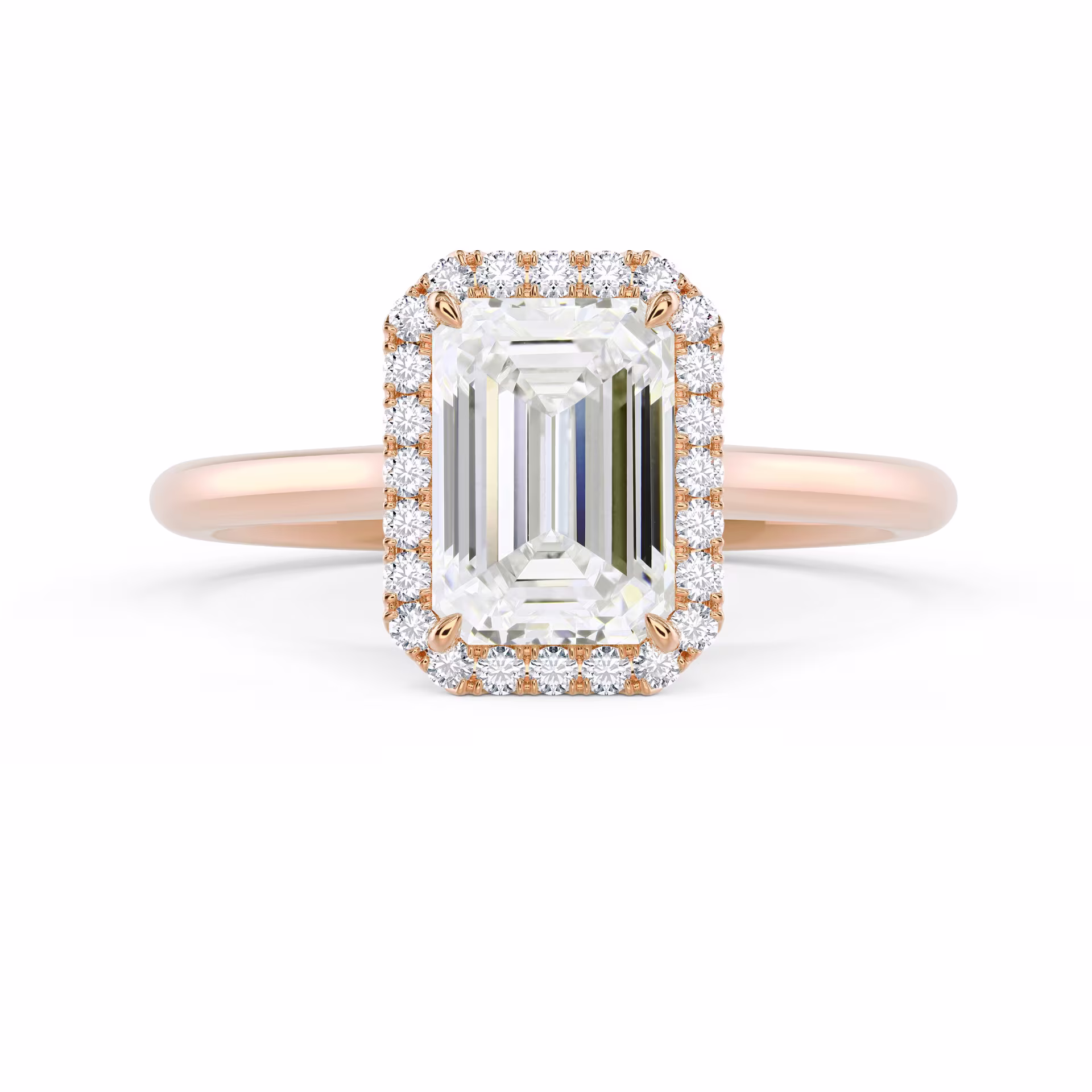 Rose Gold Emerald Single Halo Diamond Engagement Ring featuring 2.0 Carat Lab Diamonds (Main View)