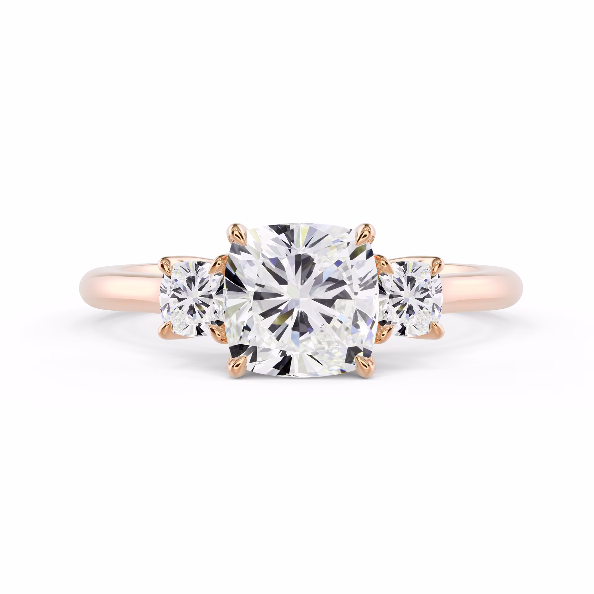 Rose Gold Cushion Three Stone Diamond Engagement Ring featuring High Quality 2.0 Carat Diamonds (Main View)