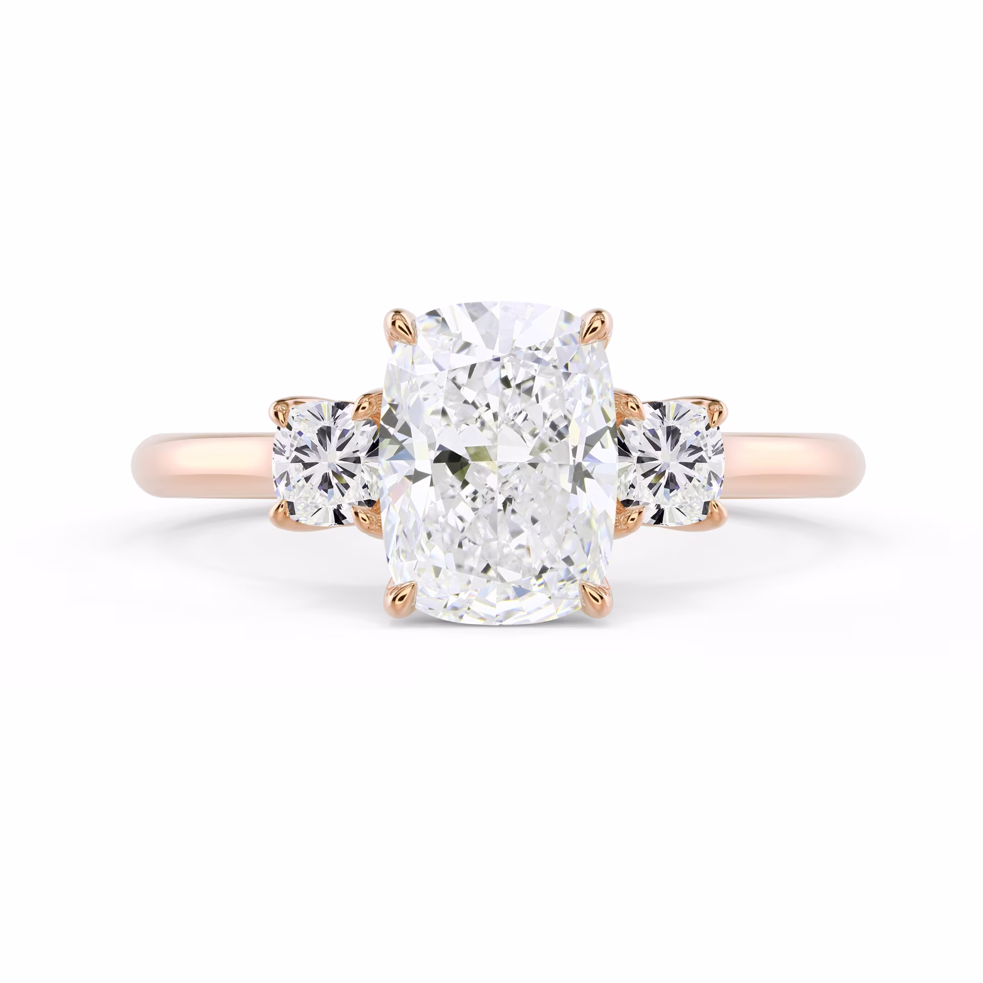 Rose Gold Cushion Three Stone Diamond Engagement Ring featuring 2.0 Carat Synthetic Diamonds (Main View)