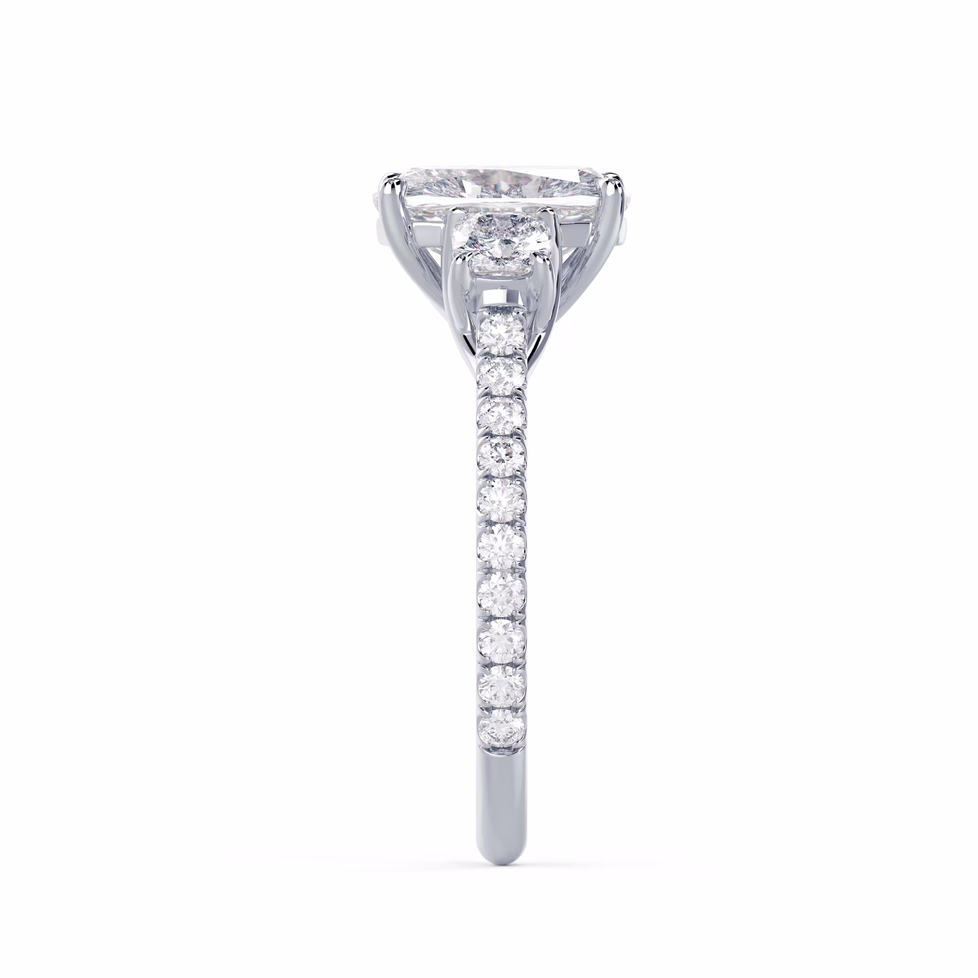 2.0 Carat Man Made Diamonds set in White Gold Cushion Three Stone Pavé Setting (Side View)