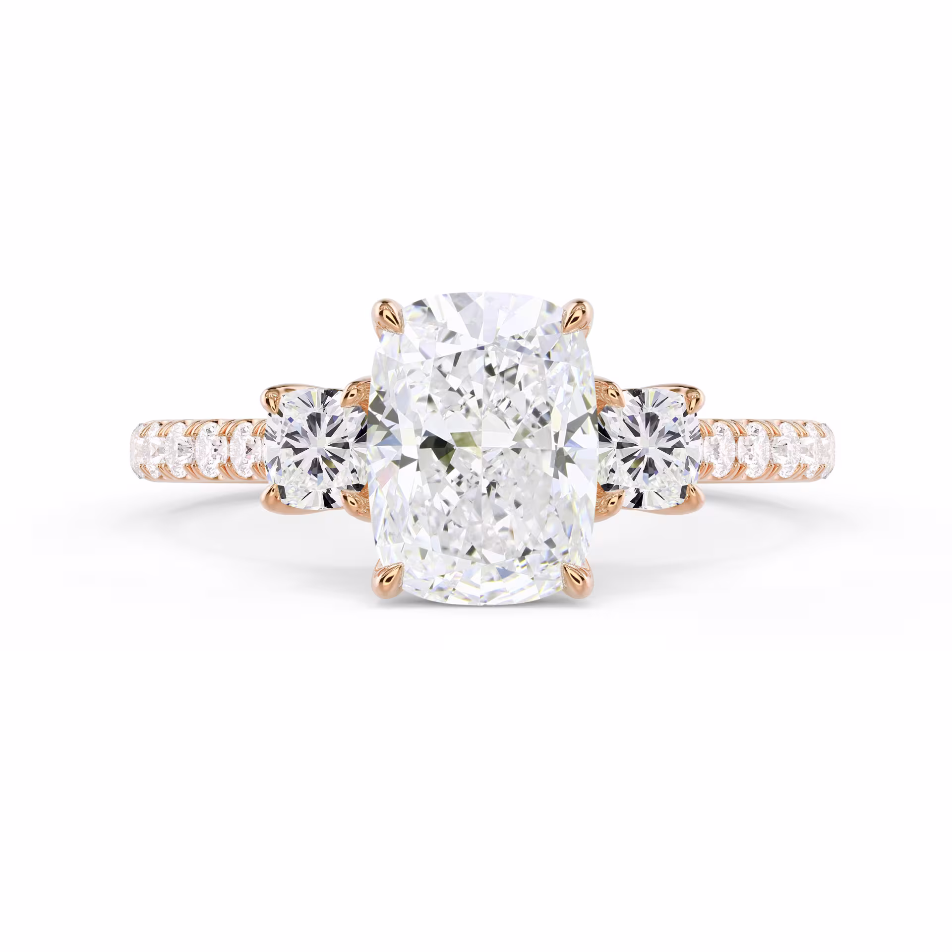 2.0 ctw Lab Grown Diamonds Cushion Three Stone Pavé Setting in Rose Gold (Main View)