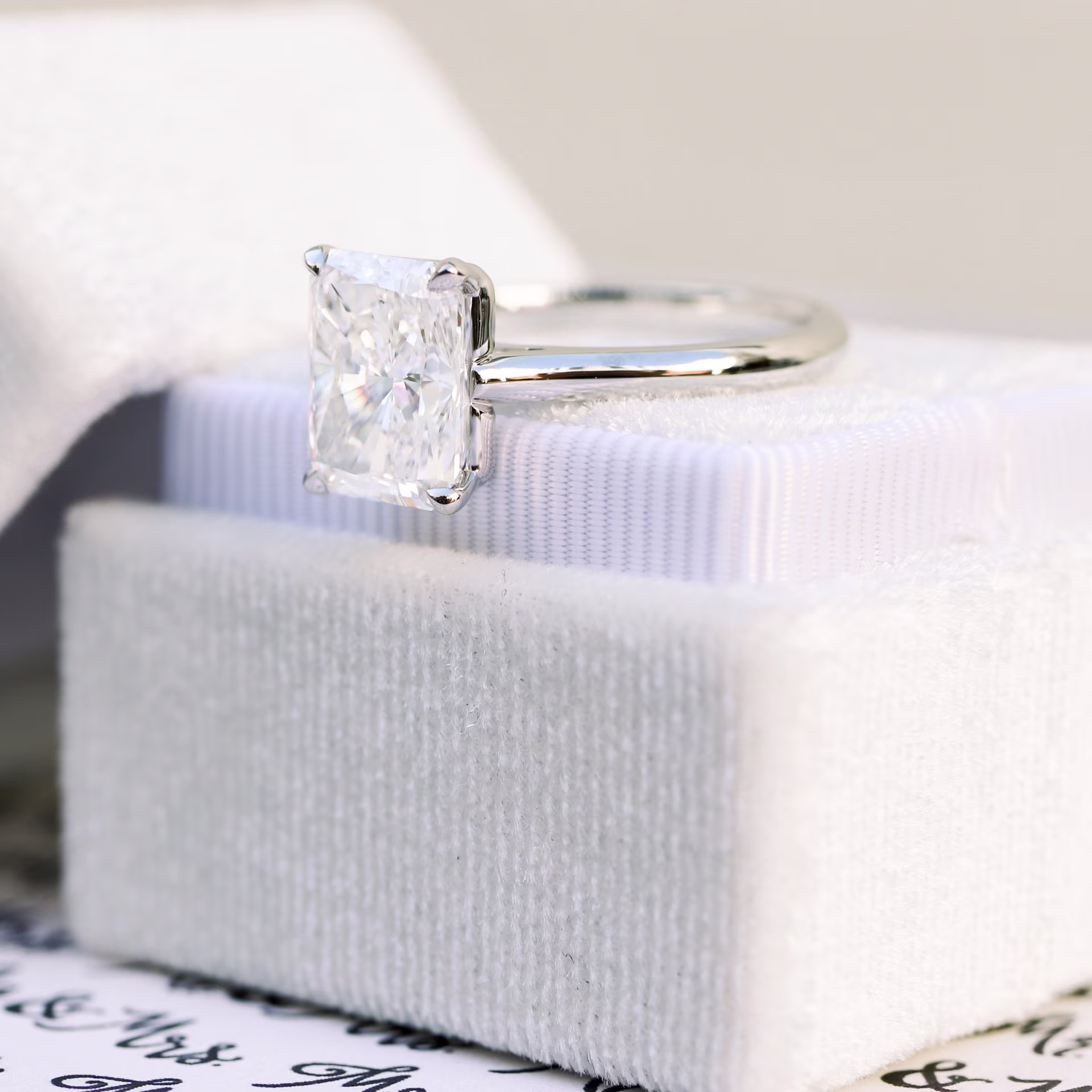 High Quality 3.75 ctw Lab Diamonds Radiant Cathedral Solitaire in Platinum (Side View)