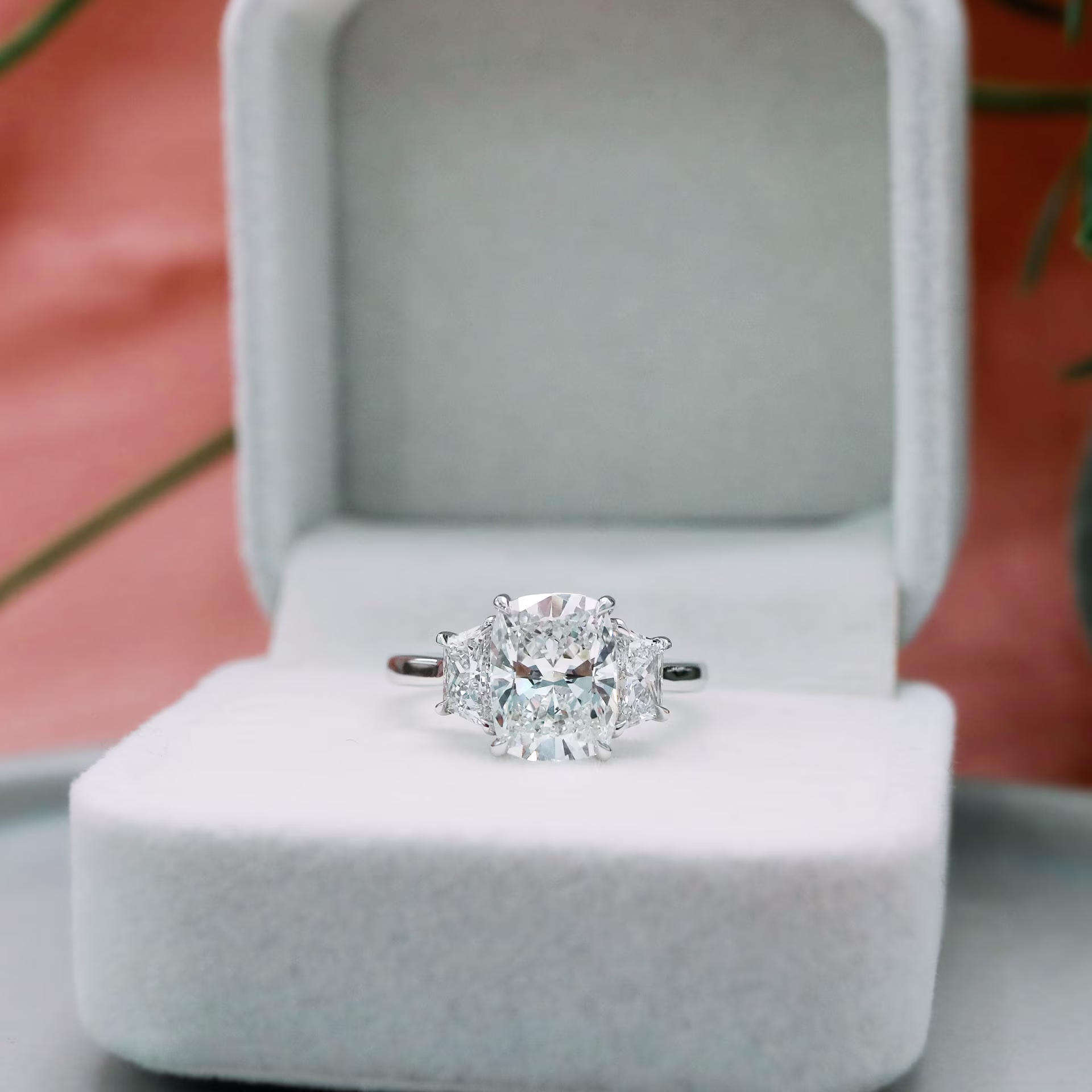 3.0 Carat Lab Grown Diamonds set in White Gold Cushion and Trapezoid Setting (Main View)