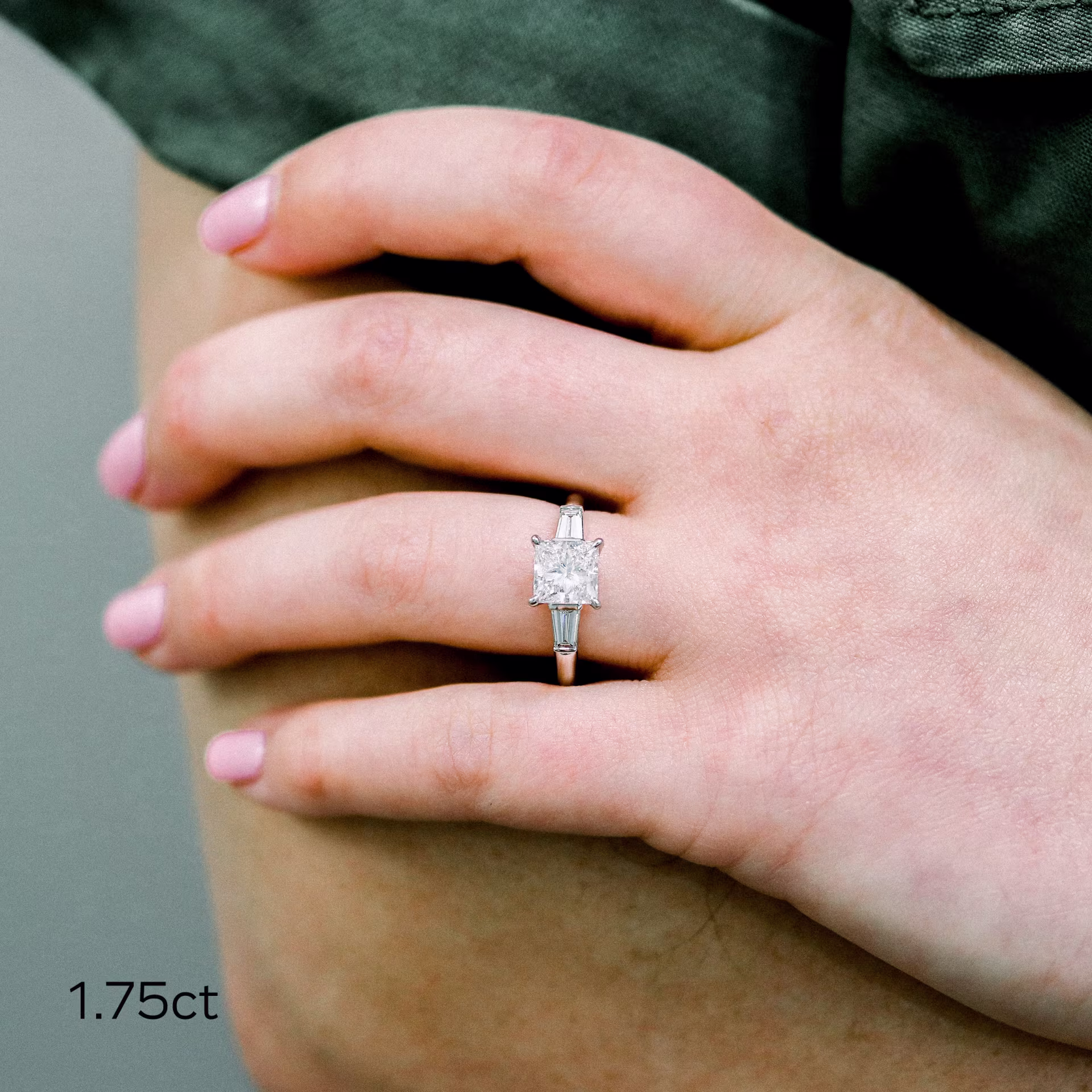 Platinum Princess and Baguette Diamond Engagement Ring featuring High Quality 1.75 ct Lab Diamonds (Main View)