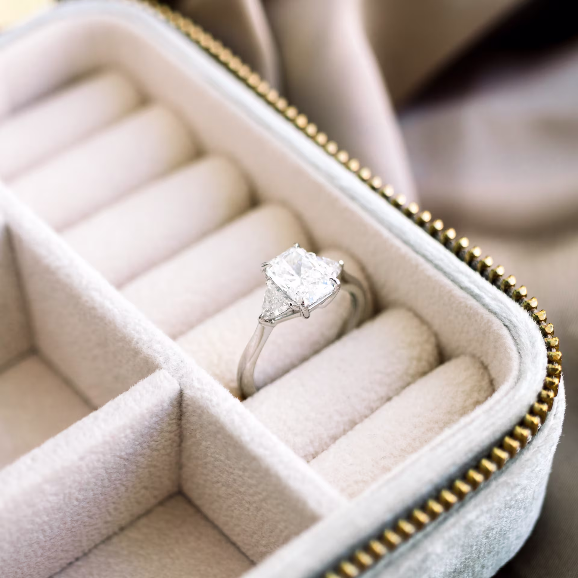 Platinum Radiant and Trillion Setting featuring 1.5 Carat Diamonds (Profile View)