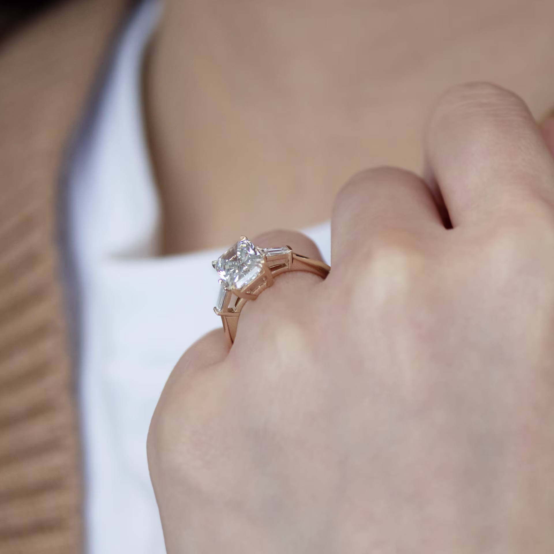 2.5 Carat Man Made Diamonds set in Yellow Gold Radiant and Baguette Setting (Profile View)