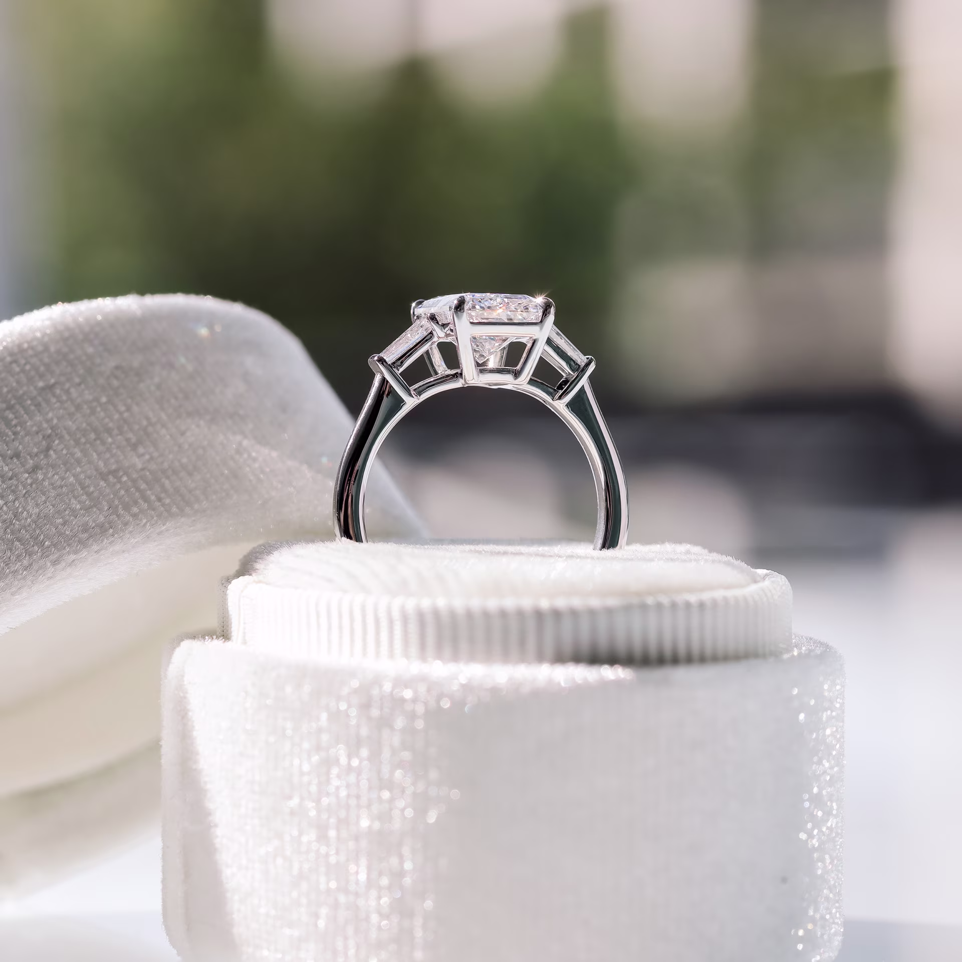 Exceptional Quality 2.5 ctw Lab Diamonds set in Platinum Radiant and Baguette Setting (Profile View)