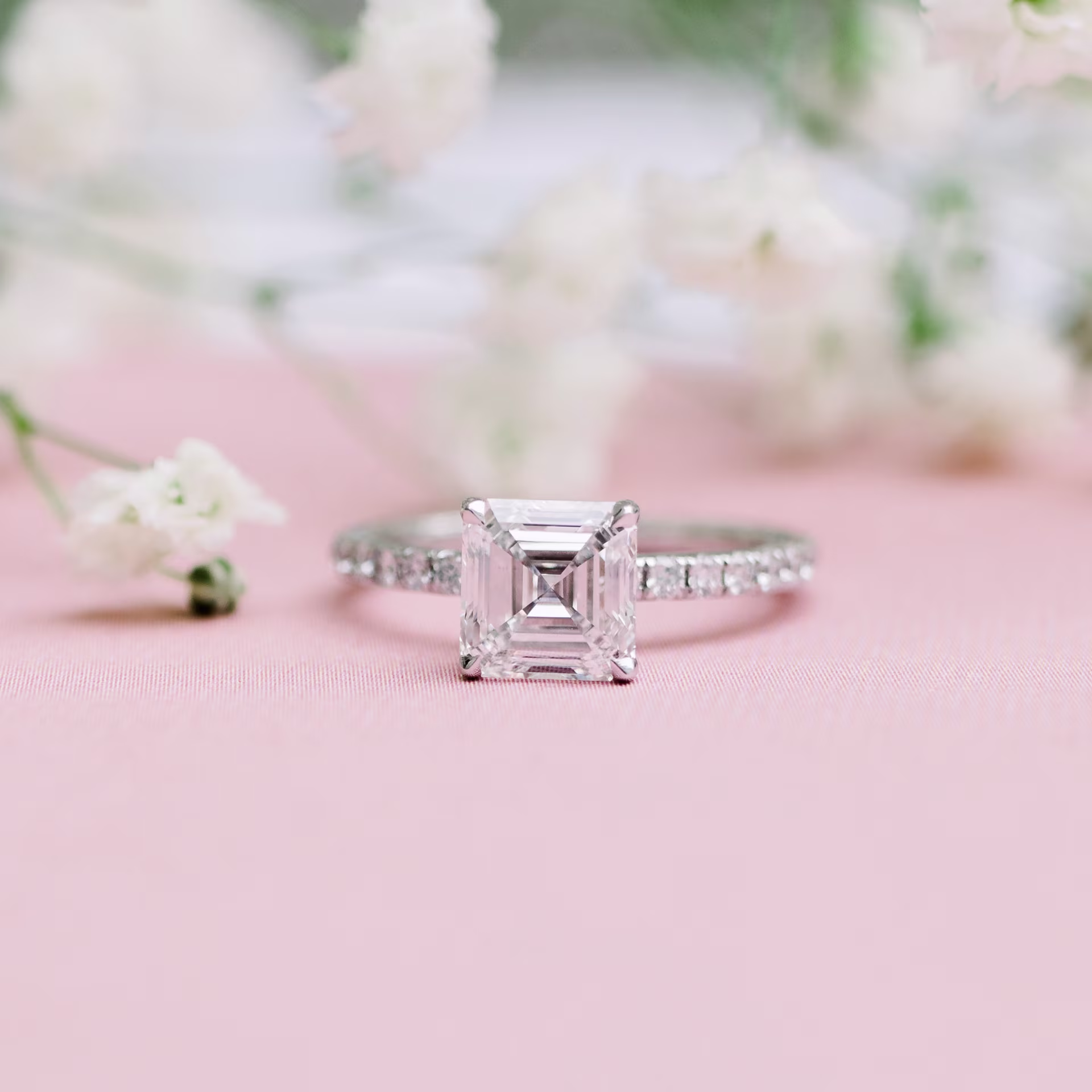 High Quality 2.0 ctw Diamonds set in White Gold Asscher Petite Four Prong Pavé Diamond Engagement Ring (Main View)