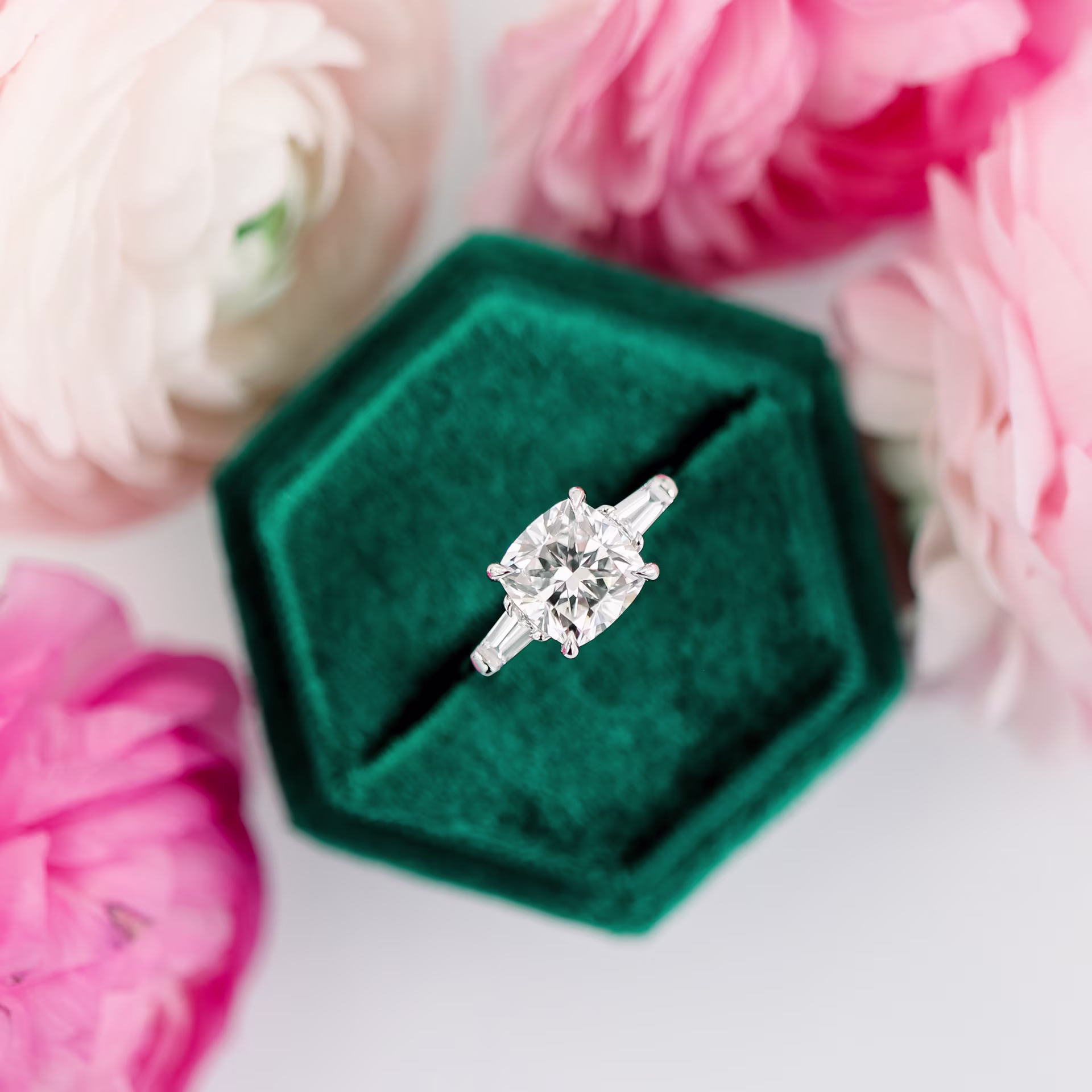 Cushion and Baguette Diamond Engagement Ring featuring Lab Diamonds