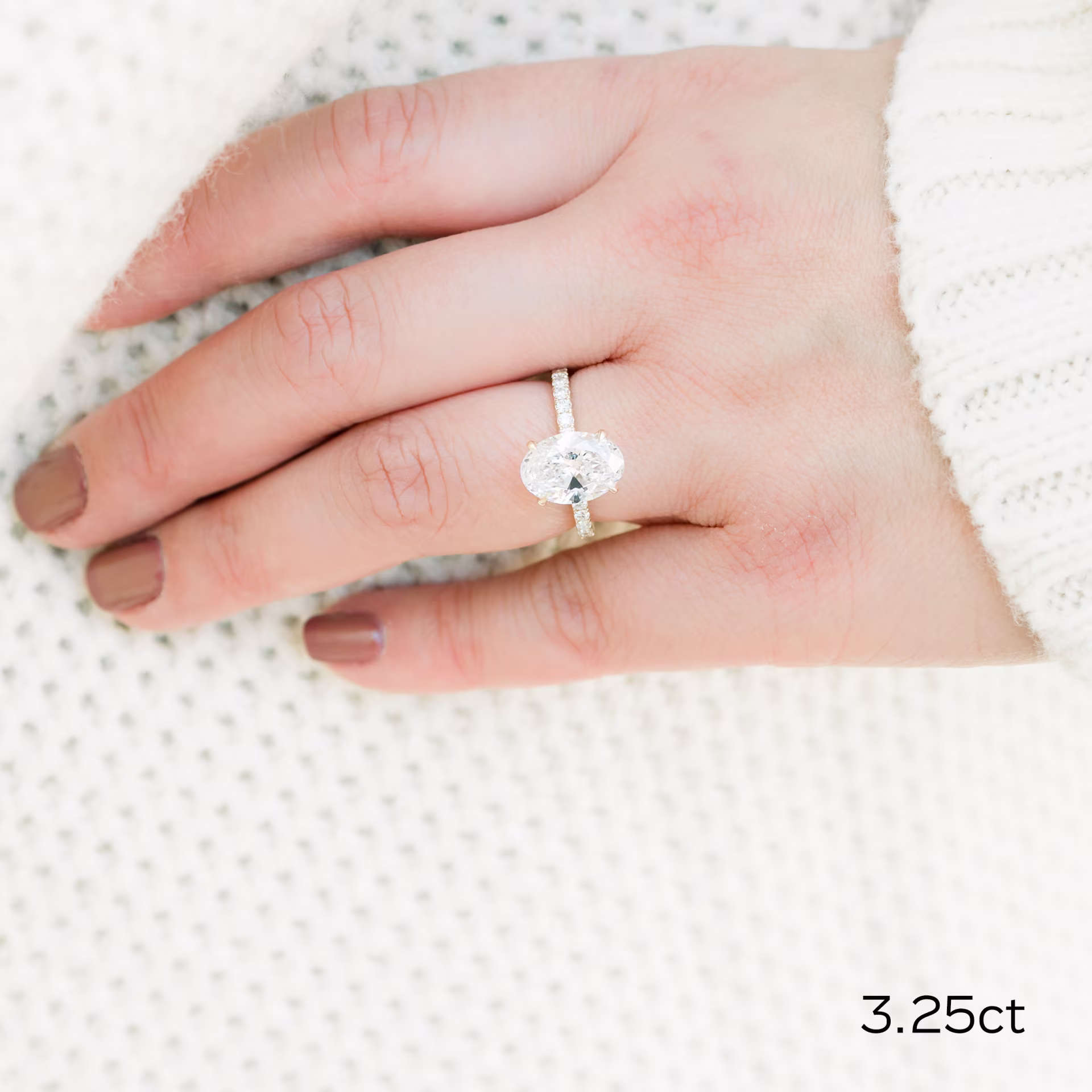 Yellow Gold Oval Classic Four Prong Pavé Diamond Engagement Ring featuring 3.25 Carat Created Diamonds (Main View)