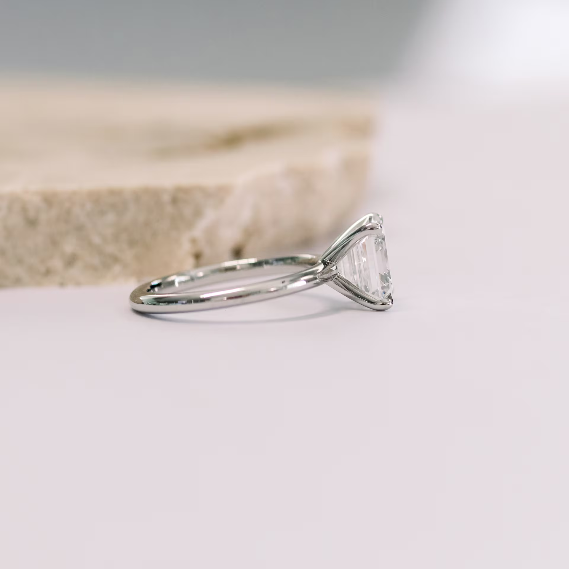 3.25 Carat Lab Grown Diamonds set in Platinum Asscher Cut Four Prong Solitaire Diamond Engagement Ring (Side View)