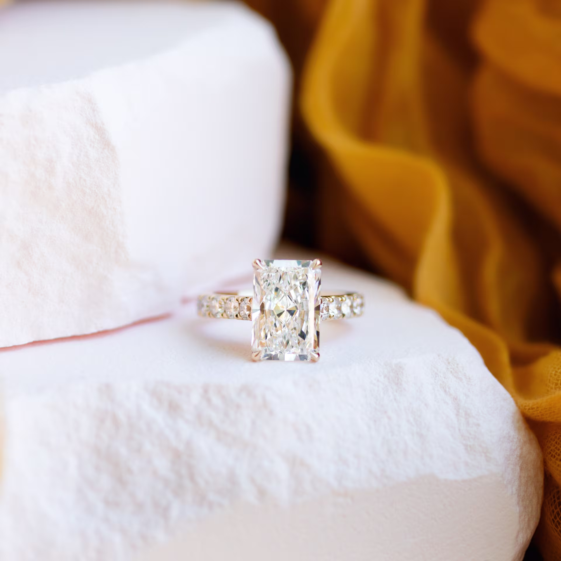 High Quality 3.25 ctw Lab Diamonds Radiant Cathedral Pavé Diamond Engagement Ring in Yellow Gold (Main View)