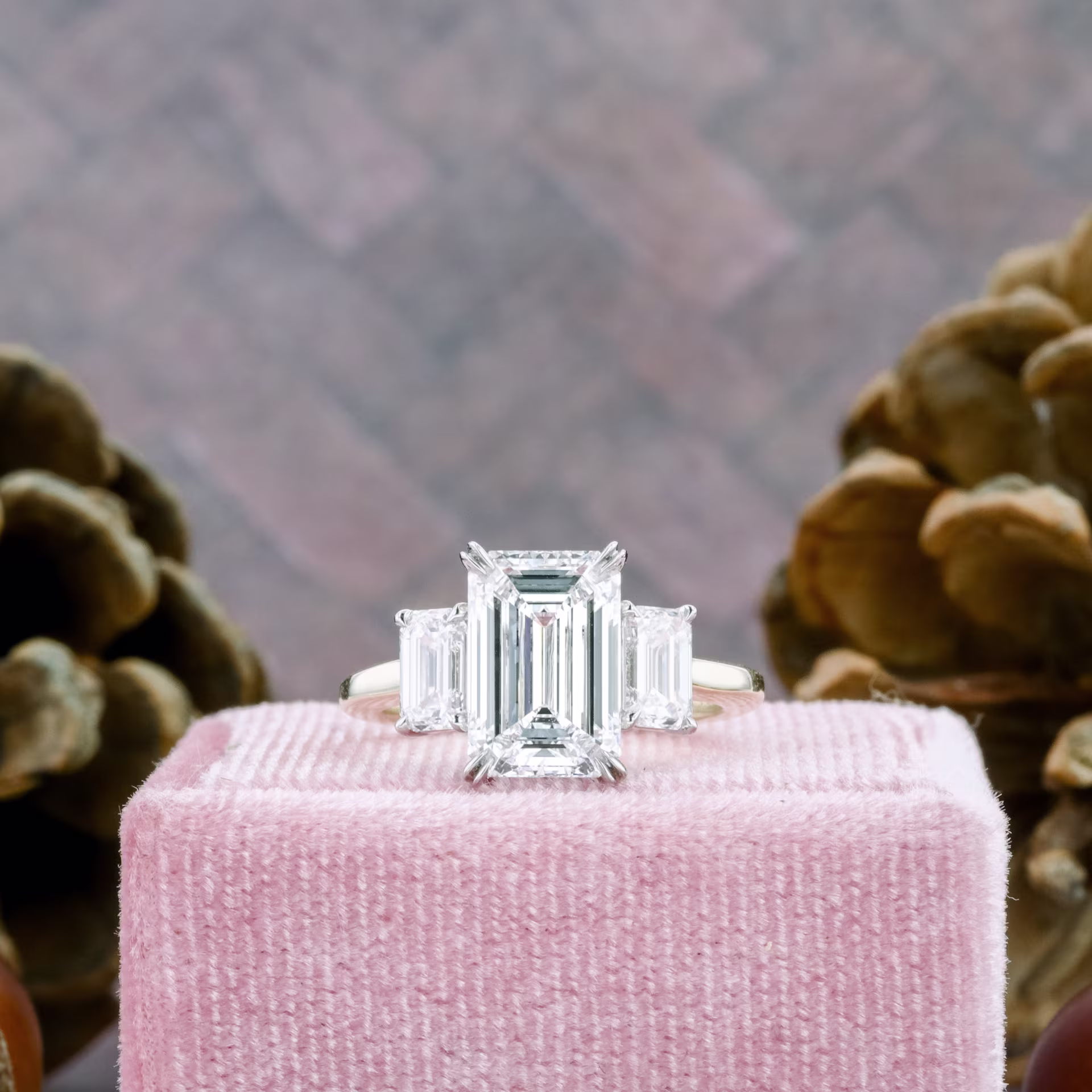 Platinum & Yellow Gold Emerald Three Stone Diamond Engagement Ring featuring 3.0 ctw Diamonds (Main View)