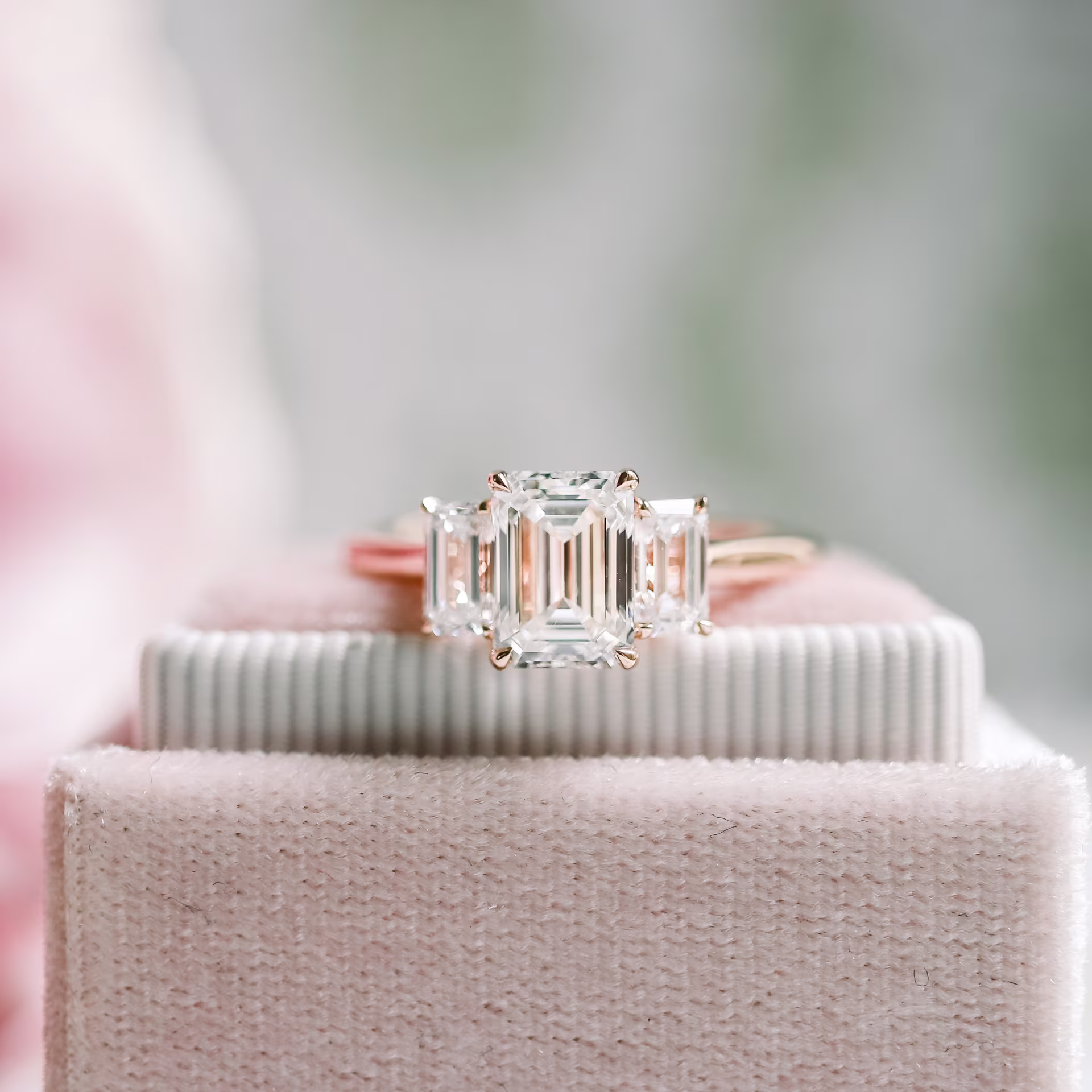 2.0 Carat Lab Diamonds Emerald Three Stone Diamond Engagement Ring in Rose Gold (Main View)