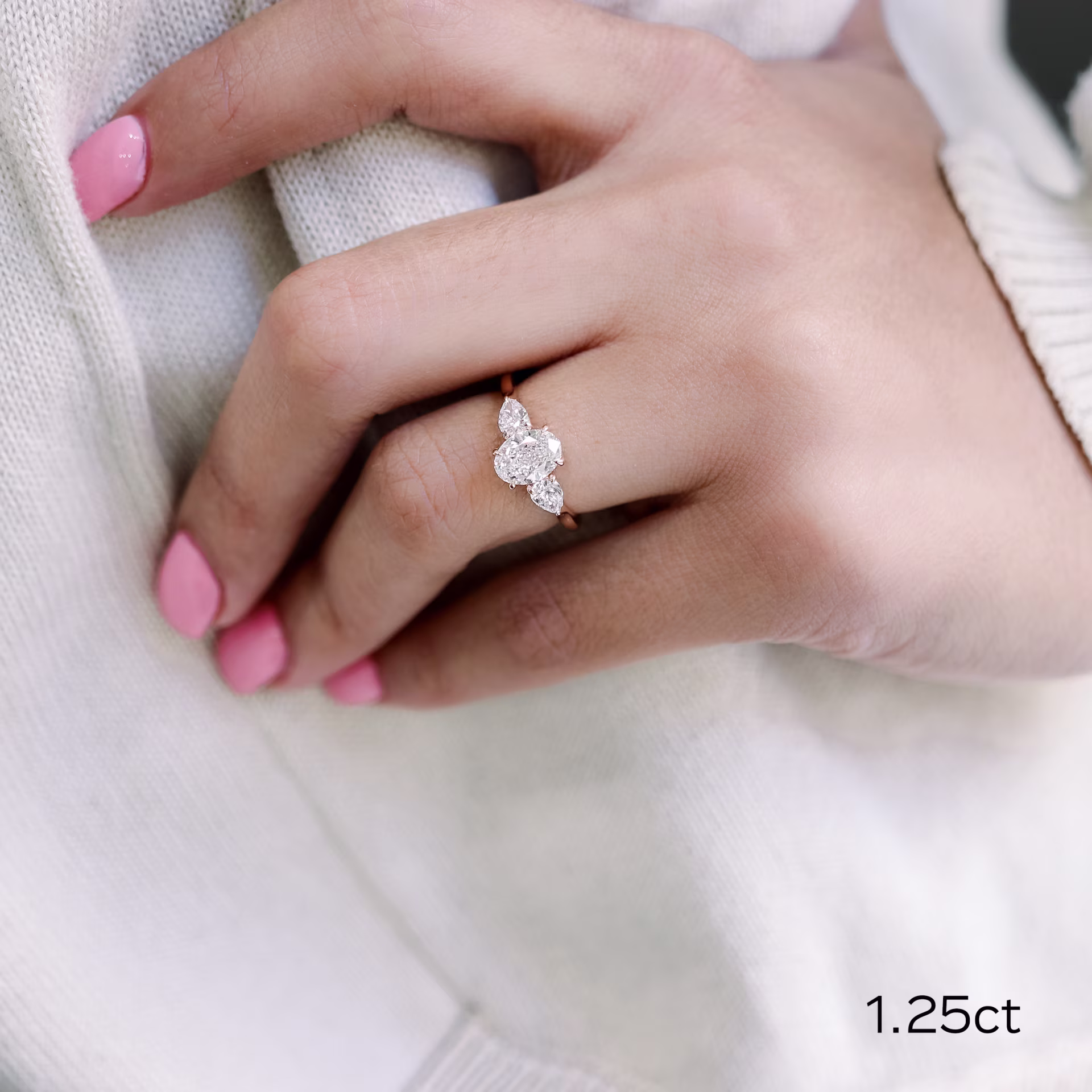 Hand Selected 1.25 Carat Lab Diamonds set in Rose Gold Oval and Pear Setting (Main View)