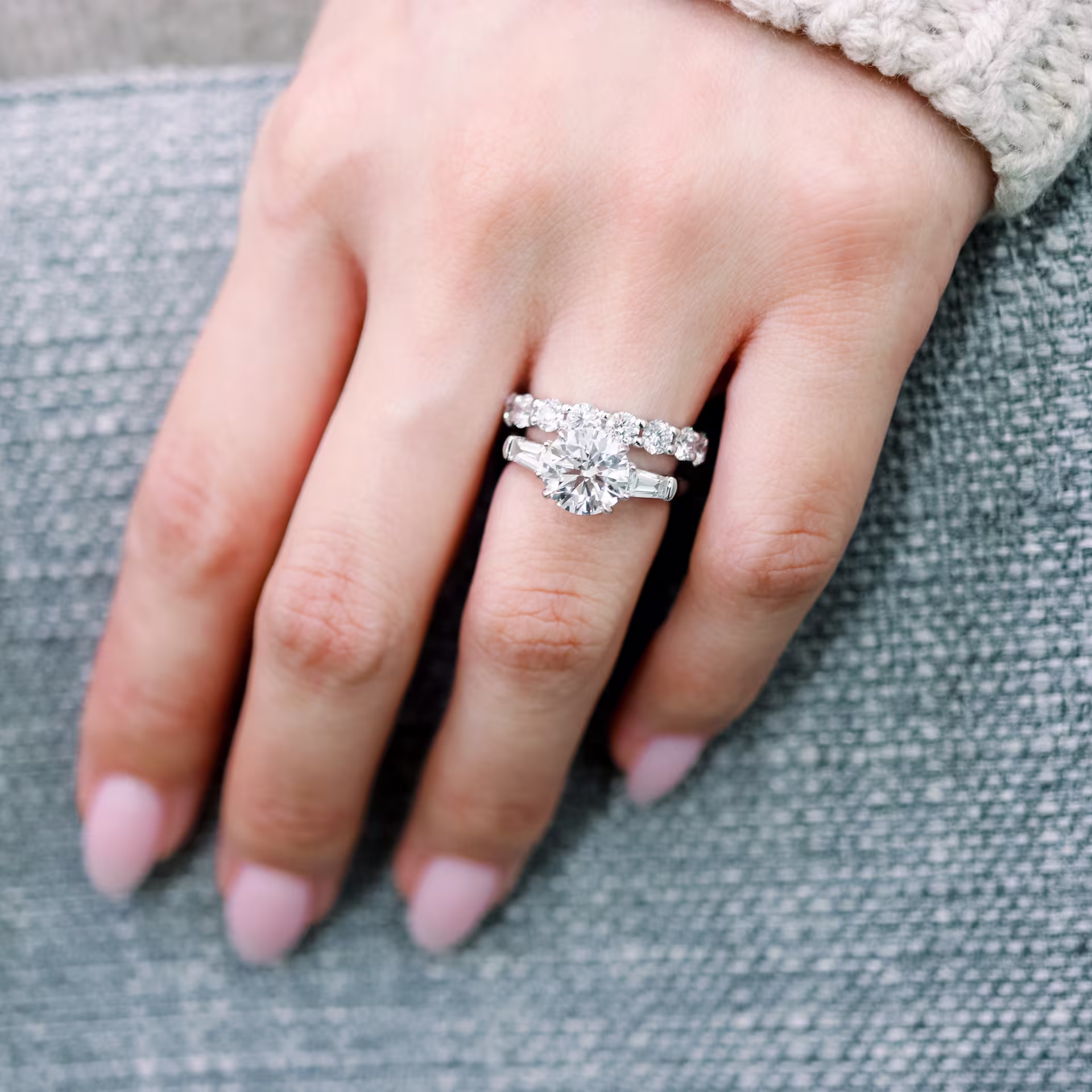 Platinum Round and Baguette Setting featuring Exceptional Quality 2.5 Carat Lab Diamonds (Main View)