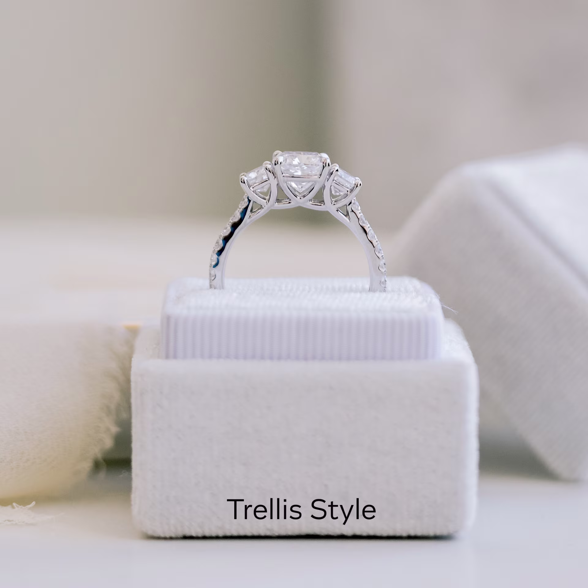 Platinum Cushion Three Stone Pavé Diamond Engagement Ring featuring 1.75 ct Lab Diamonds (Profile View)