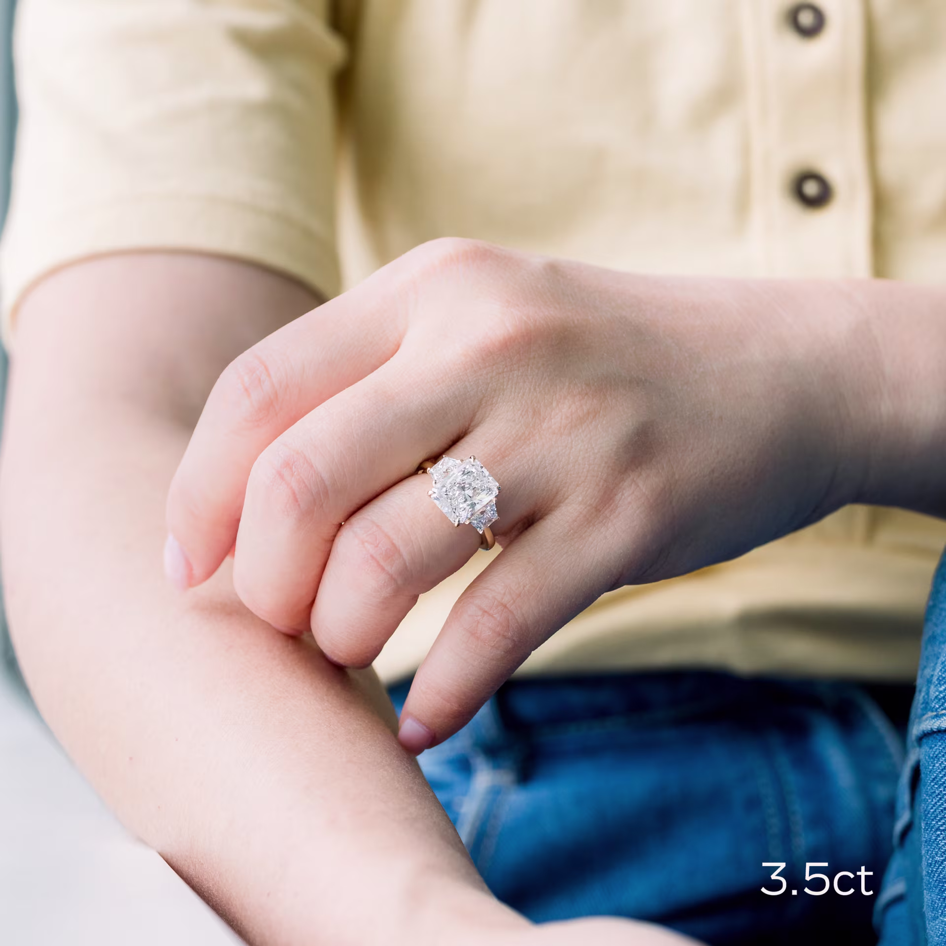 Yellow Gold Radiant and Trapezoid Diamond Engagement Ring featuring High Quality 3.5 ctw Lab Diamonds (Main View)