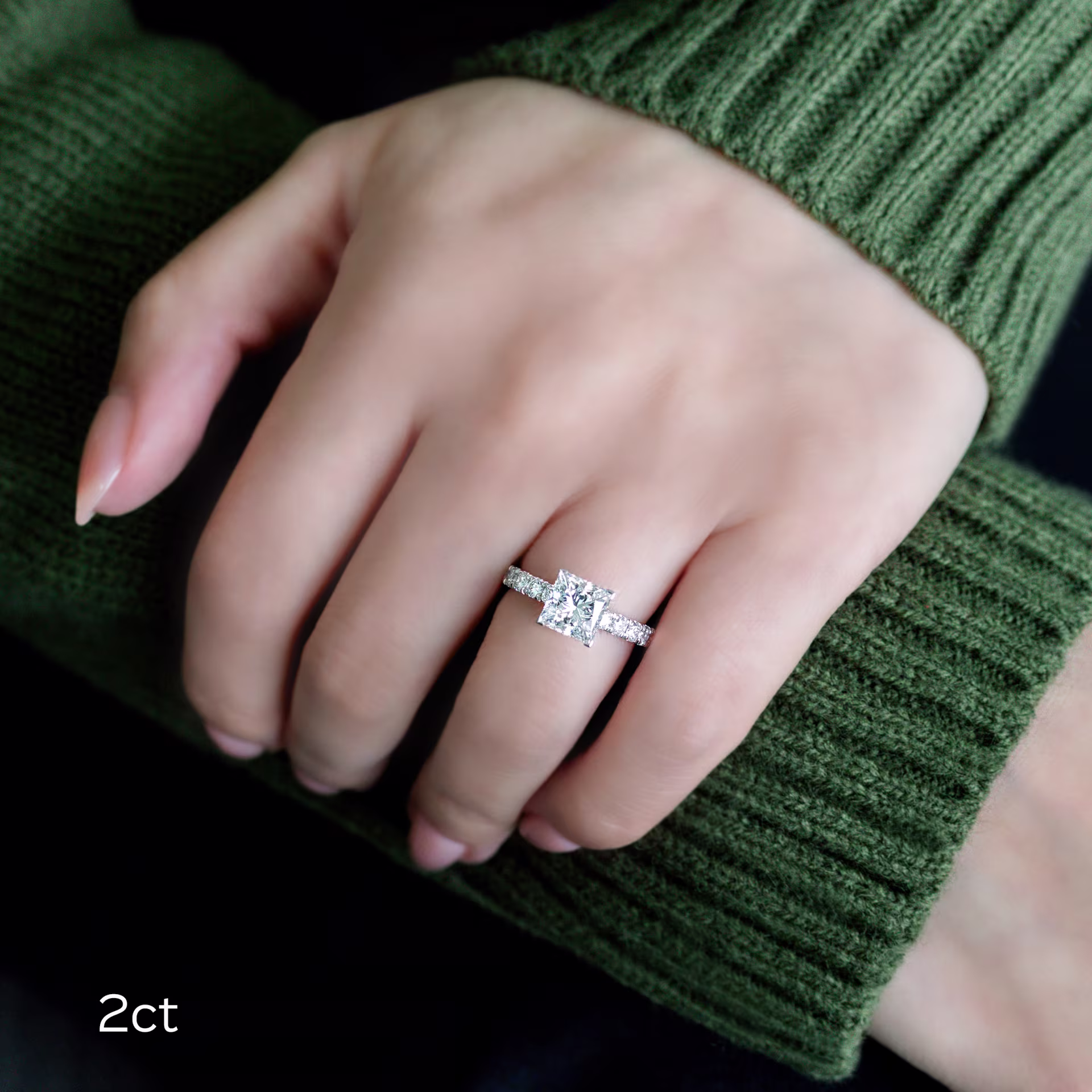 White Gold Princess Petite Four Prong Pavé Diamond Engagement Ring featuring 2.0 ctw Diamonds (Main View)