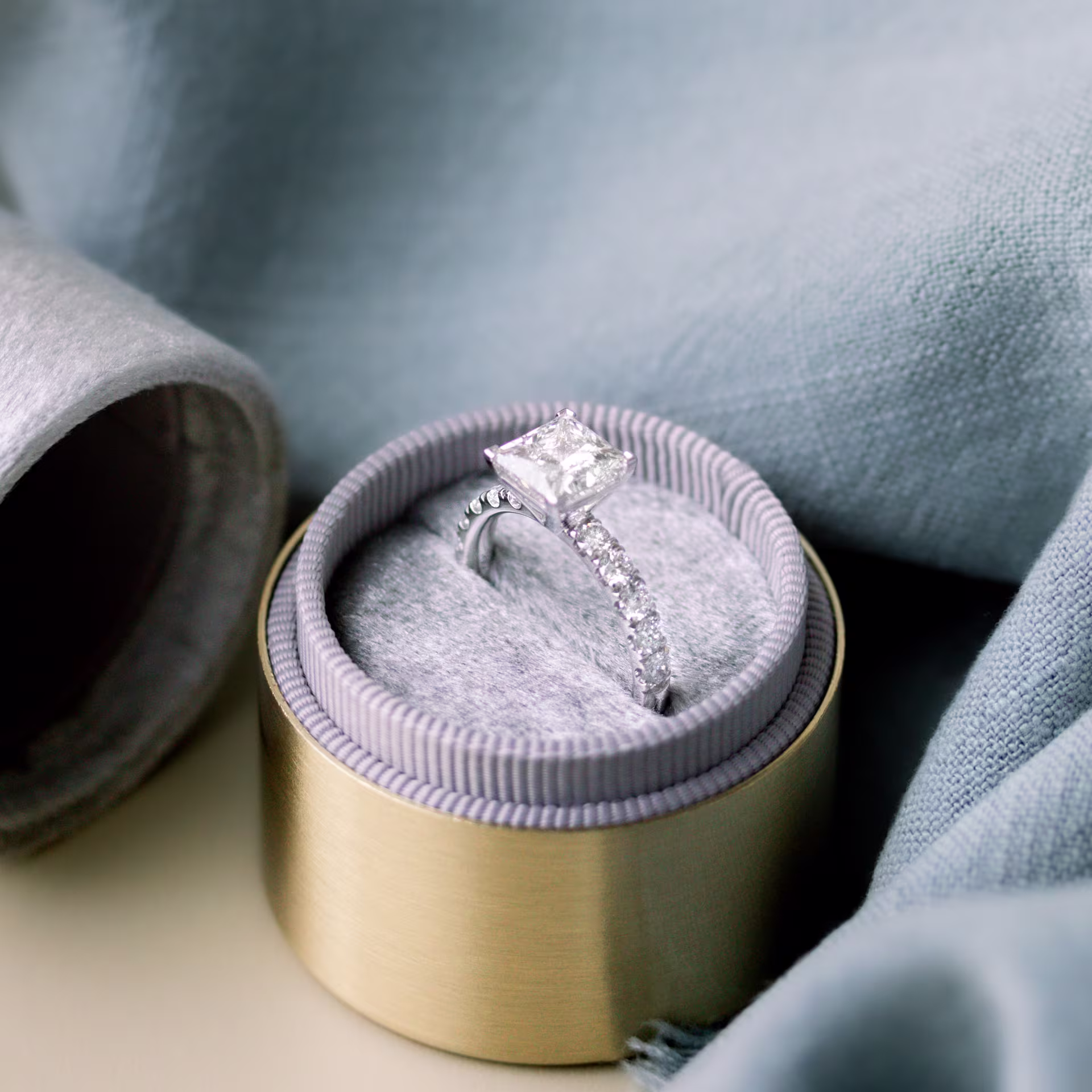 Hand Selected 2.0 ctw Diamonds set in White Gold Princess Petite Four Prong Pavé Diamond Engagement Ring (Profile View)