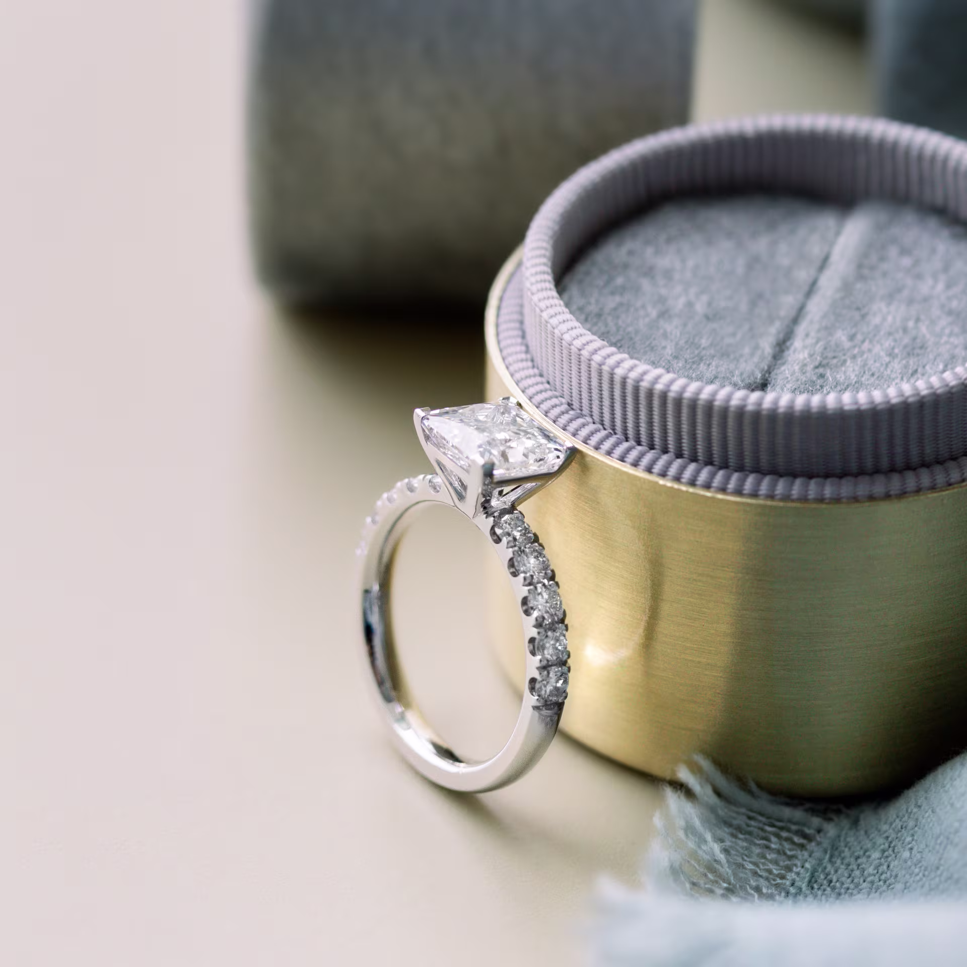 Exceptional Quality 2.0 ct Lab Grown Diamonds set in 18k White Gold Princess Petite Four Prong Pavé Diamond Engagement Ring (Profile View)