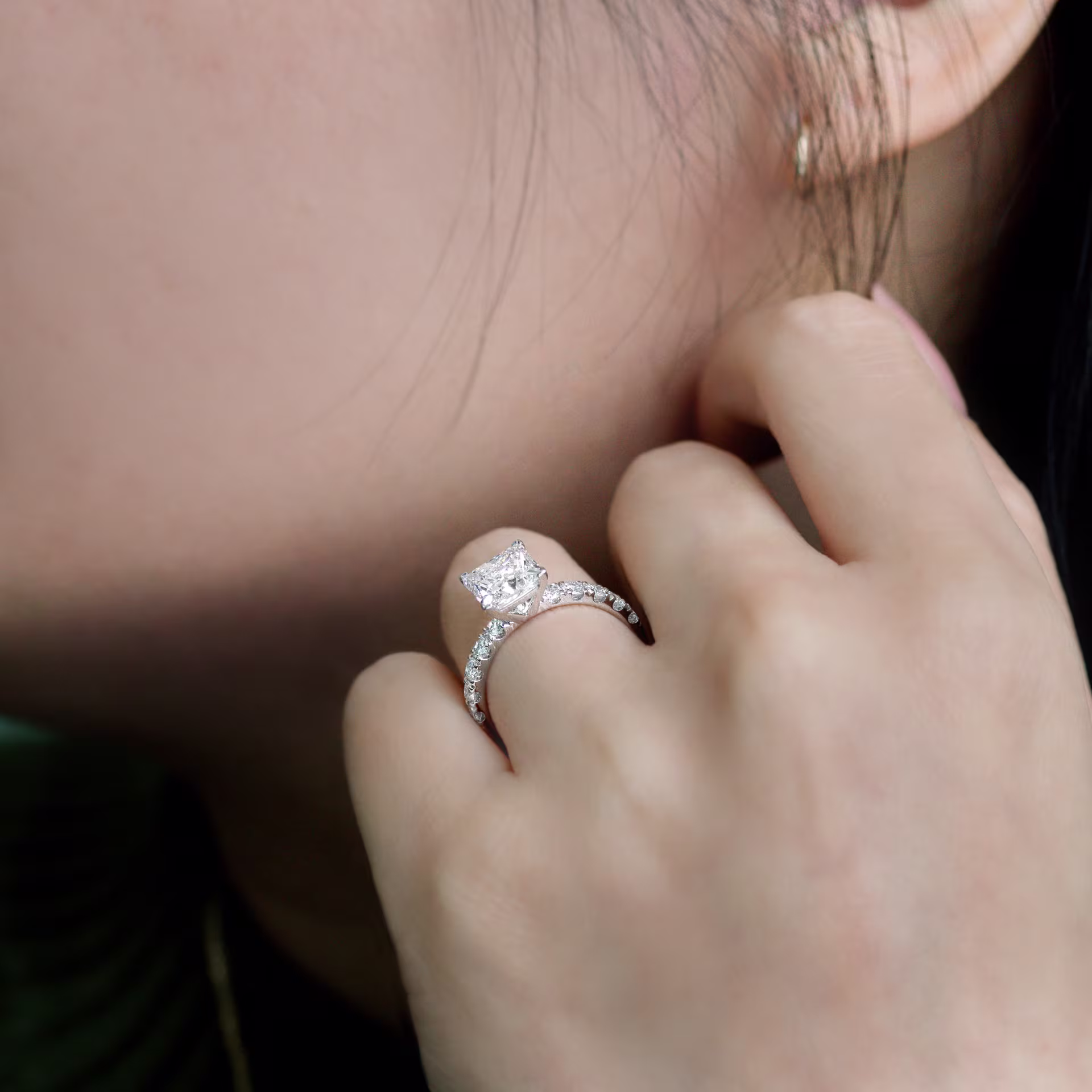 White Gold Princess Petite Four Prong Pavé Setting featuring 2.0 ct Lab Diamonds (Profile View)