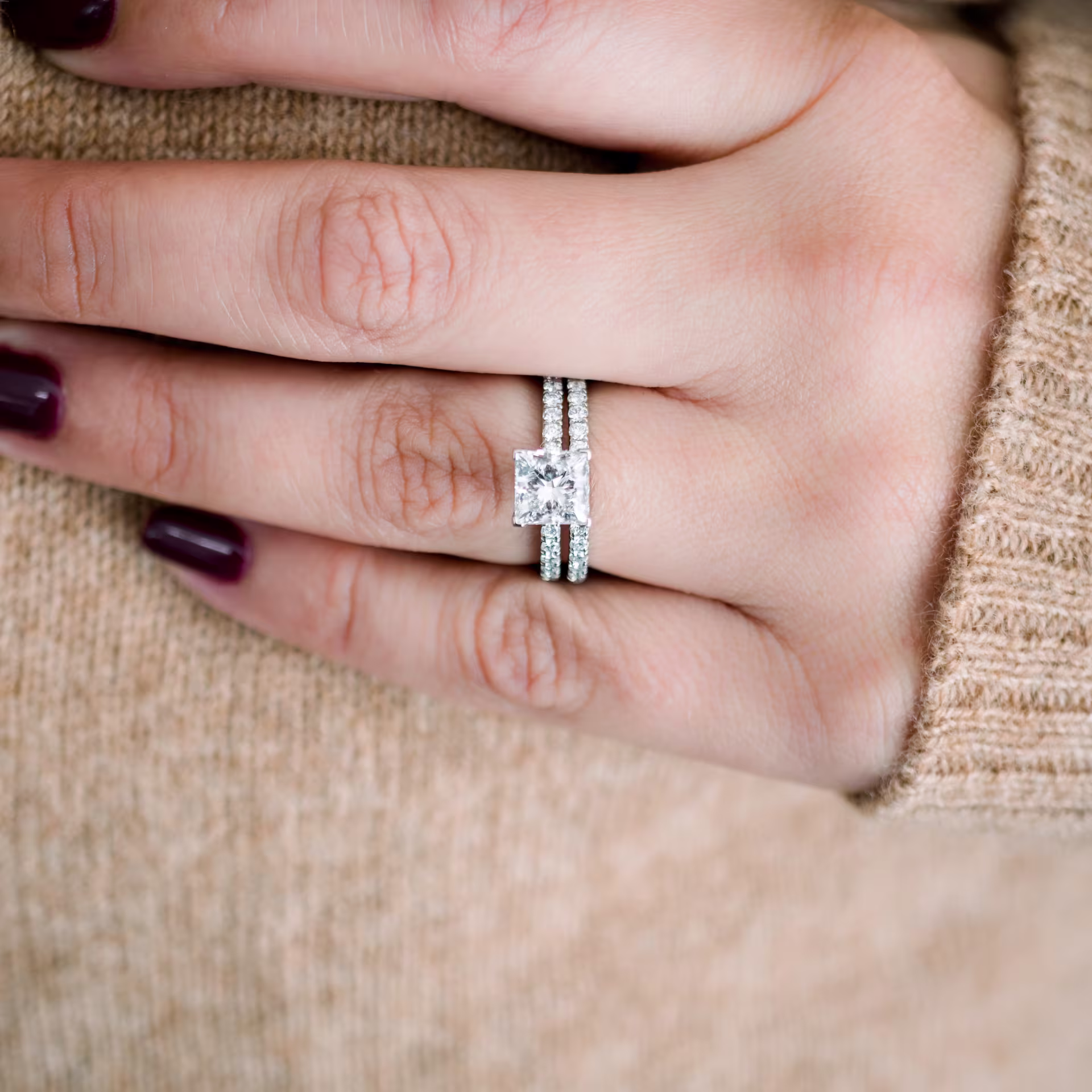 High Quality 1.5 ct Diamonds set in Platinum Princess Petite Four Prong Pavé Diamond Engagement Ring (Side View)