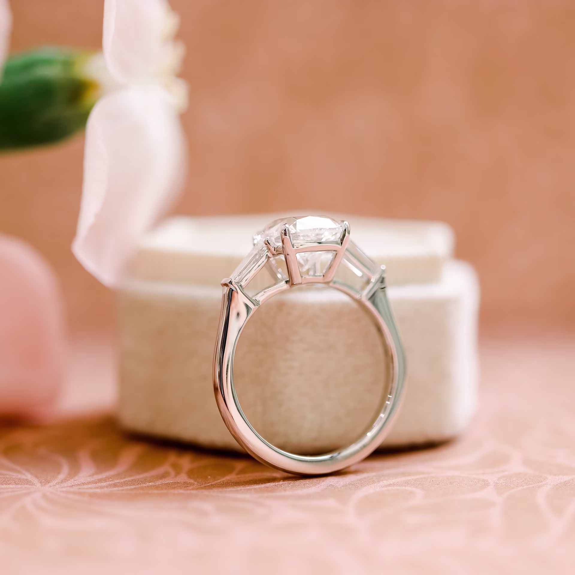 Platinum Cushion and Baguette Diamond Engagement Ring featuring 2.75 Carat Diamonds (Profile View)