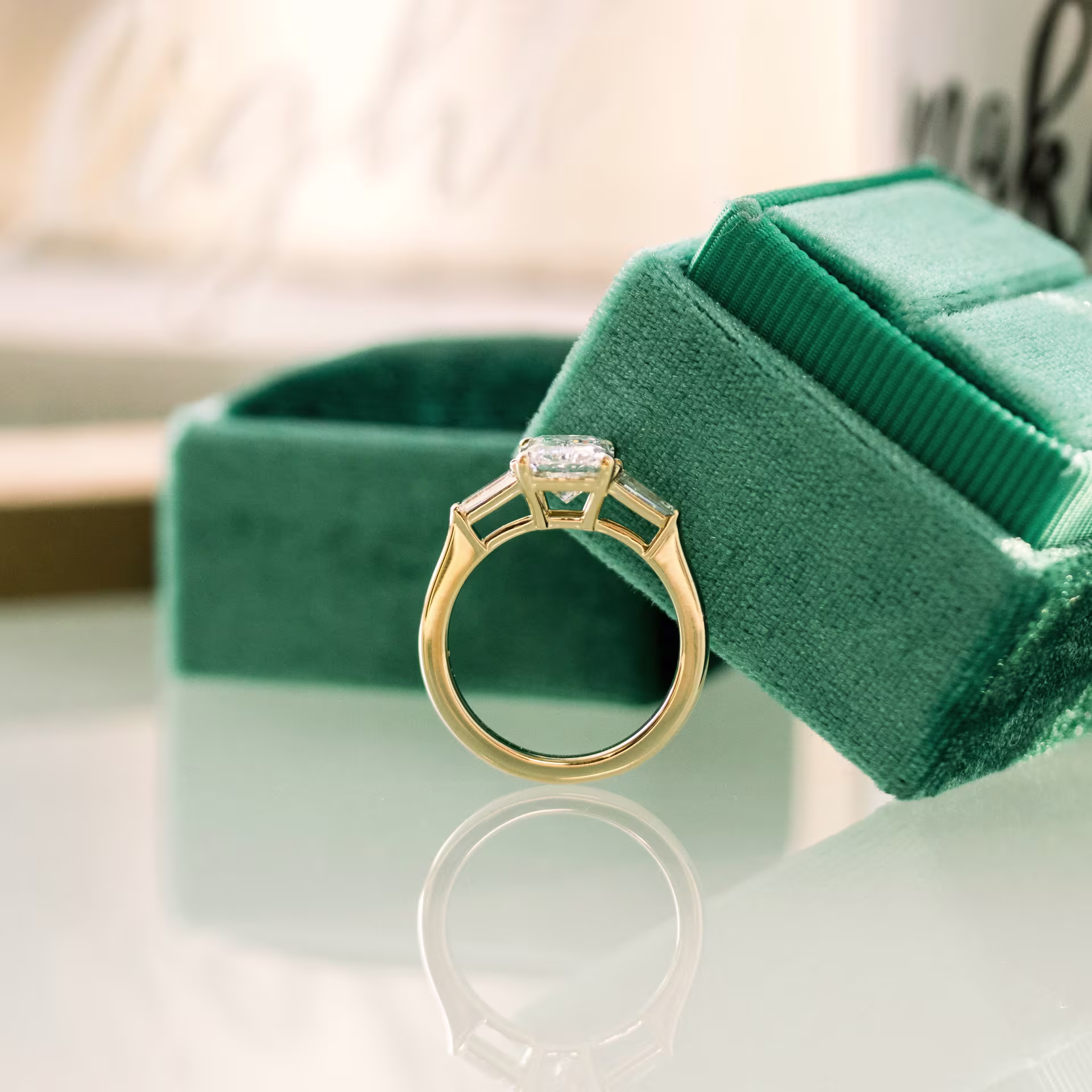 Yellow Gold Radiant and Baguette Diamond Engagement Ring featuring 2.0 ctw Lab Diamonds (Profile View)