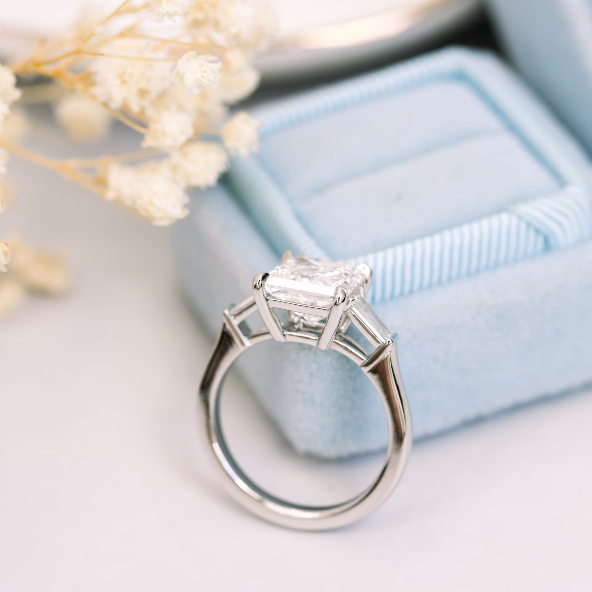 Platinum Princess and Baguette Setting featuring 3.0 ct Lab Diamonds (Profile View)