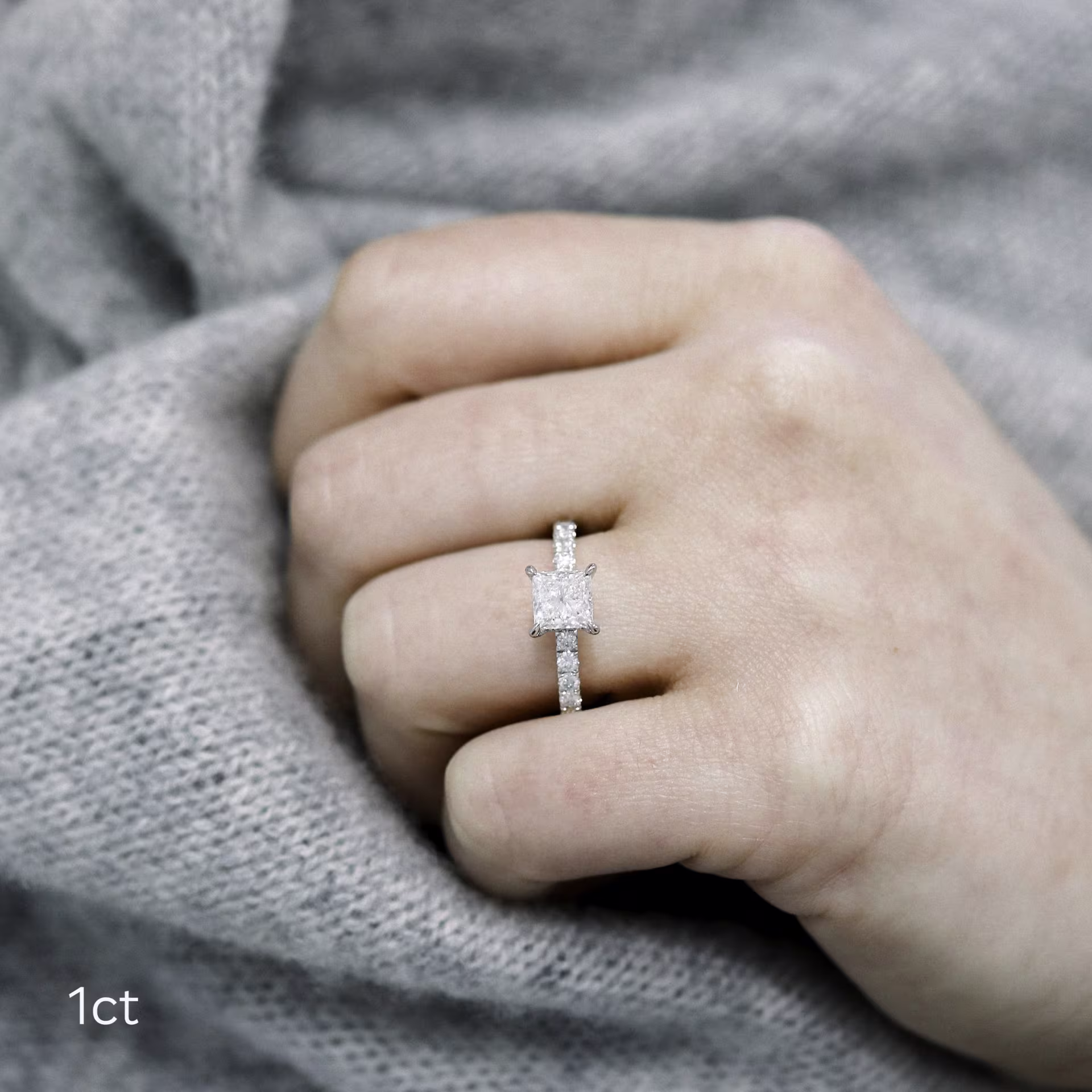 1.0 ct Lab Diamonds set in Platinum Princess Classic Four Prong Pavé Diamond Engagement Ring (Main View)