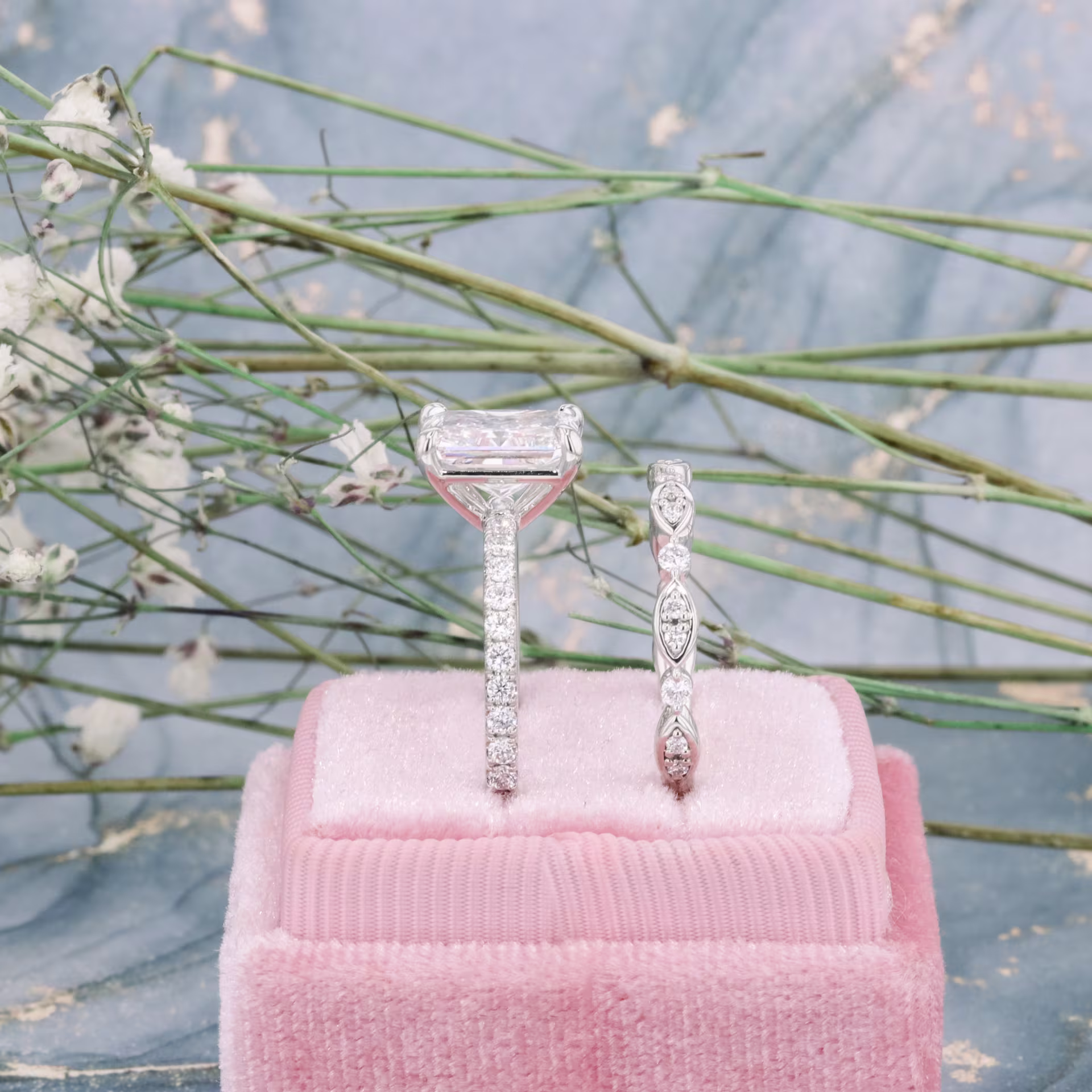 Platinum Radiant Petite Four Prong Pavé Setting featuring 2.5 ct Diamonds (Side View)