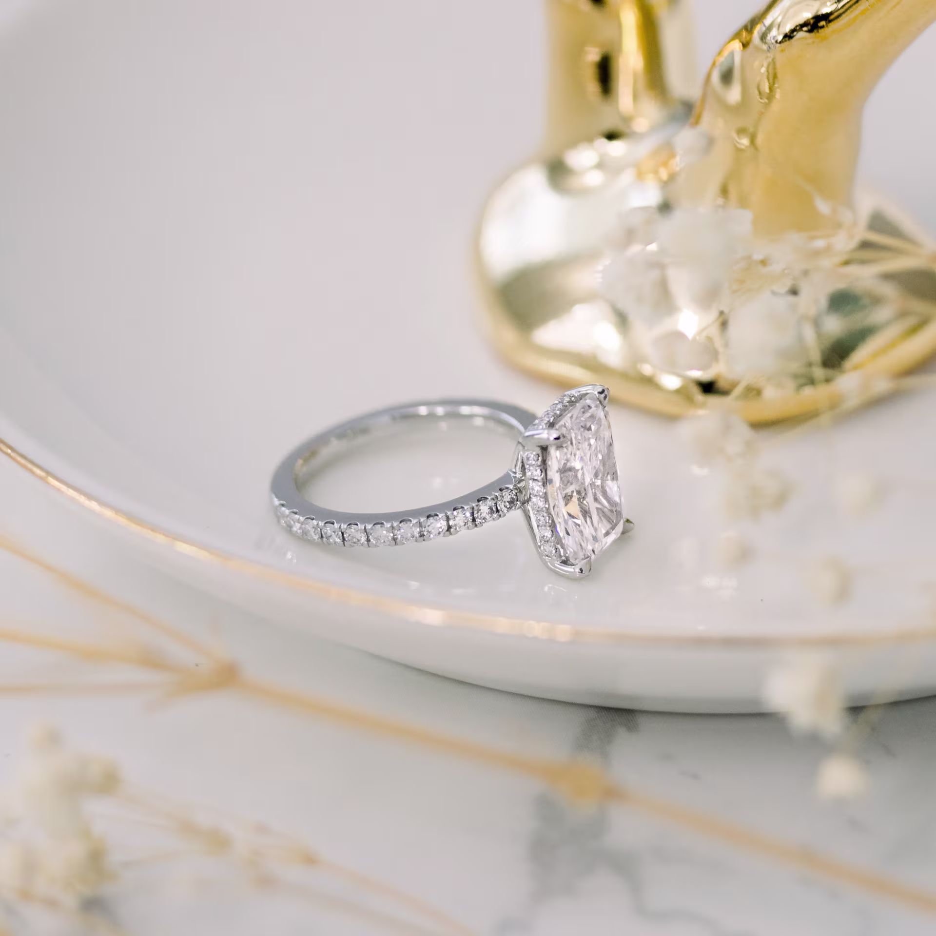 3.0 ctw Lab Diamonds set in Platinum Radiant Petite Four Prong Pavé Diamond Engagement Ring (Side View)