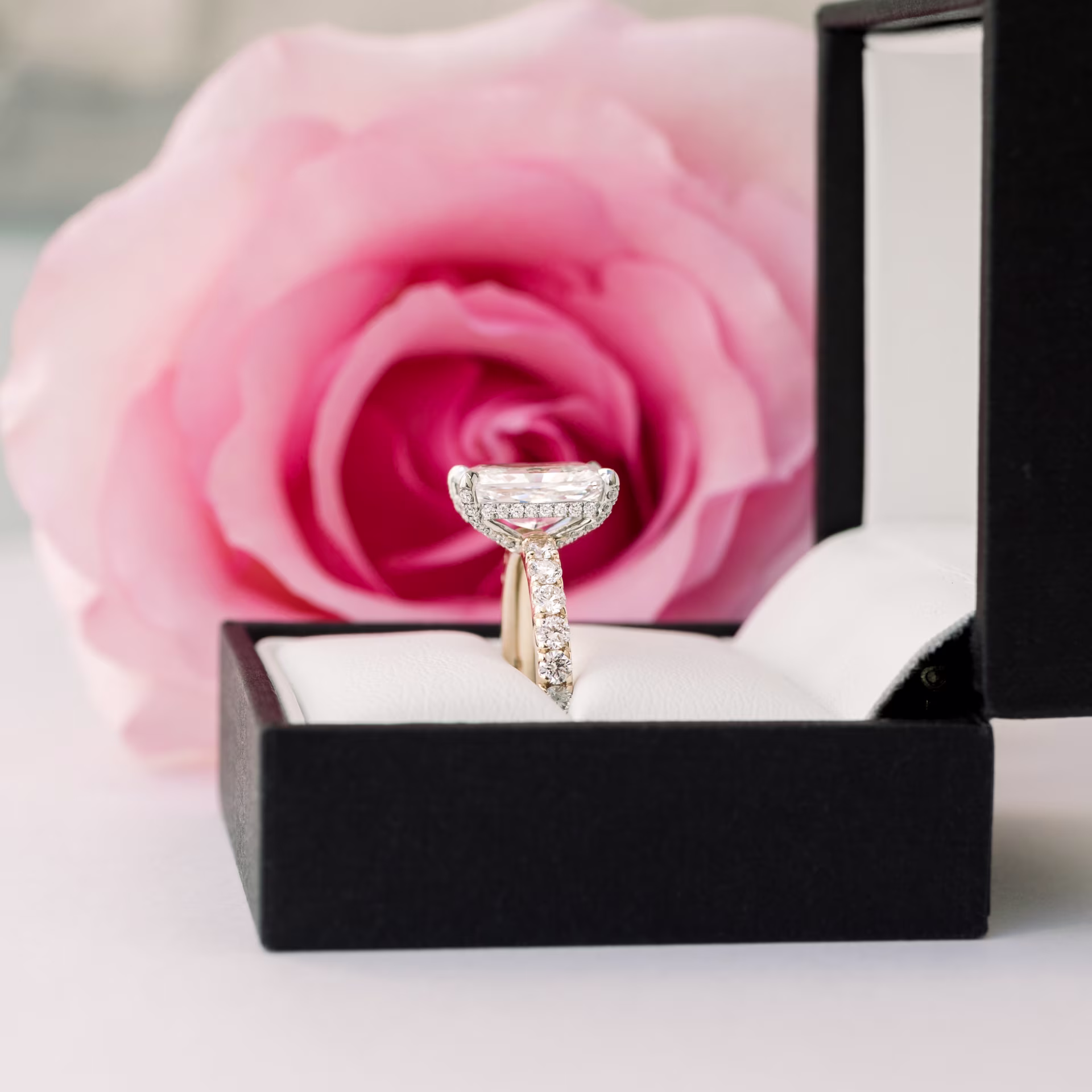 High Quality 3.75 ct Lab Grown Diamonds set in Platinum & Yellow Gold Radiant Petite Four Prong Pavé Setting (Side View)