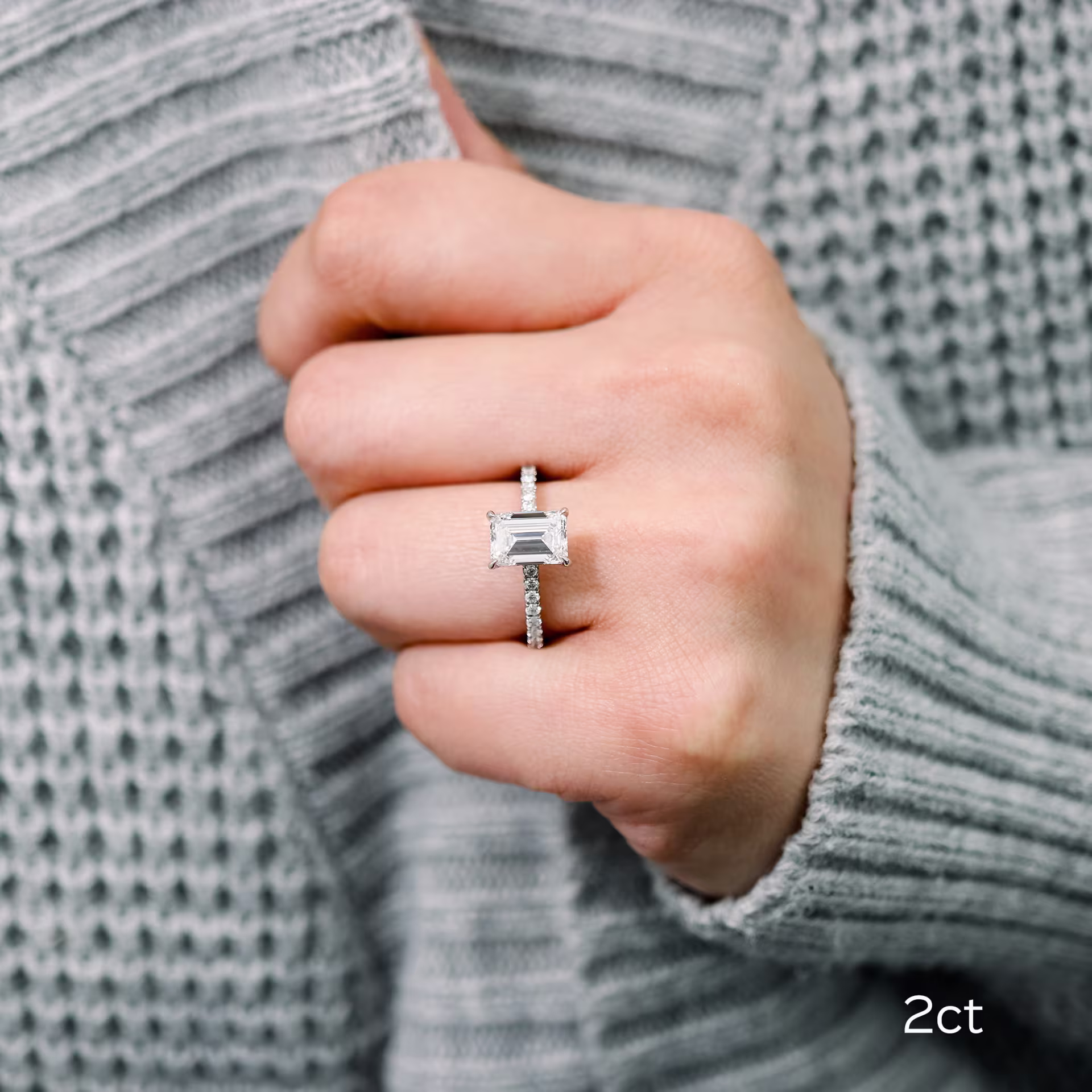 Platinum Emerald Cathedral Pavé Diamond Engagement Ring featuring Exceptional Quality 2.0 Carat Lab Diamonds (Main View)