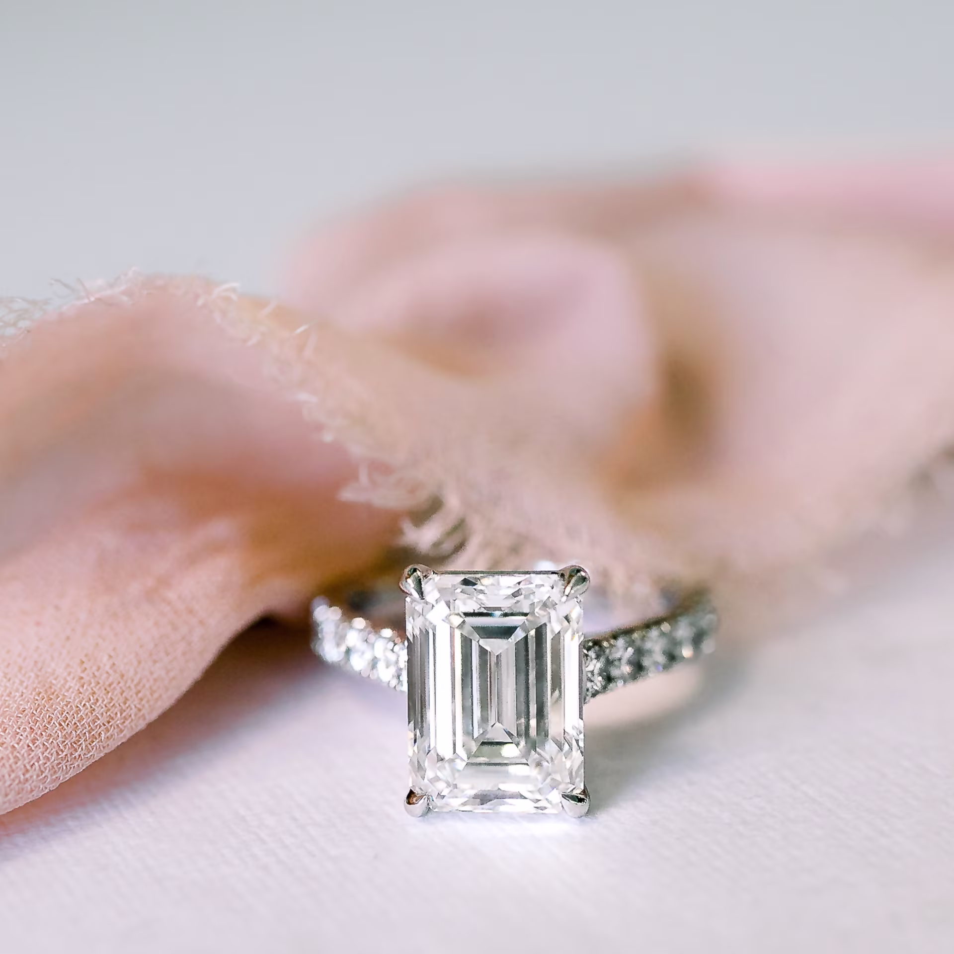 3.0 ctw Diamonds set in Platinum Emerald Cathedral Pavé Diamond Engagement Ring (Main View)