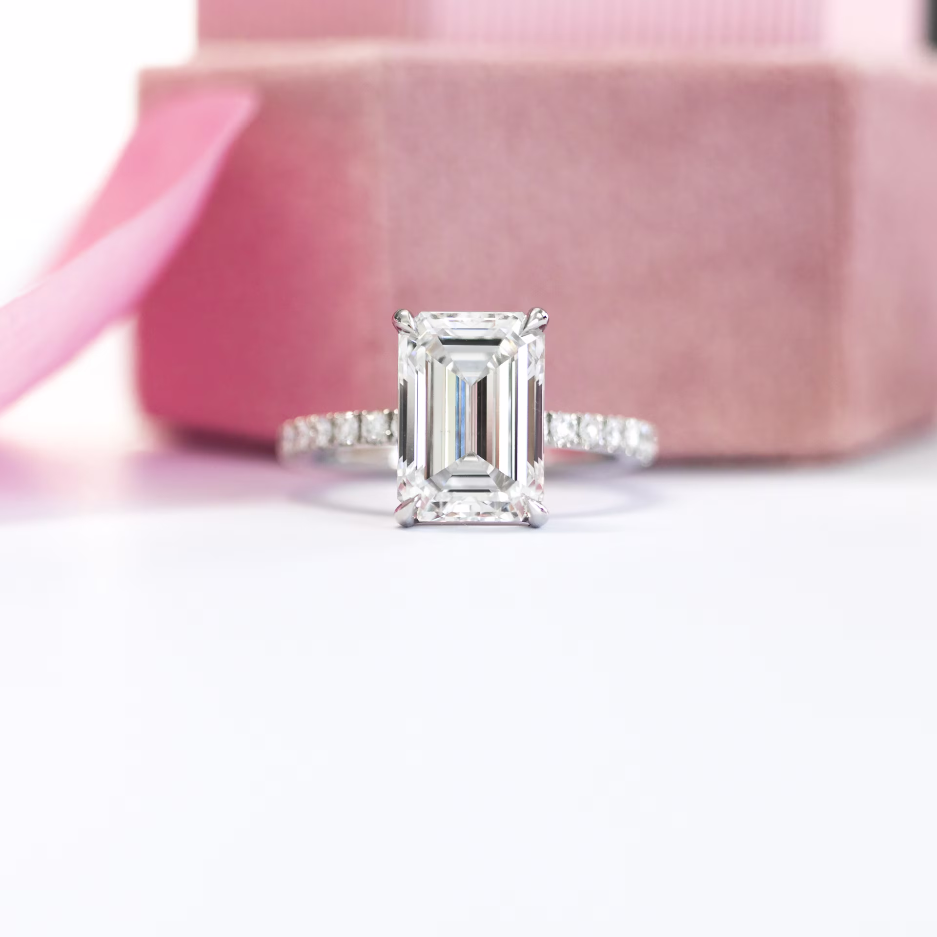 3.0 ct Synthetic Diamonds set in Platinum Emerald Petite Four Prong Pavé Diamond Engagement Ring (Main View)