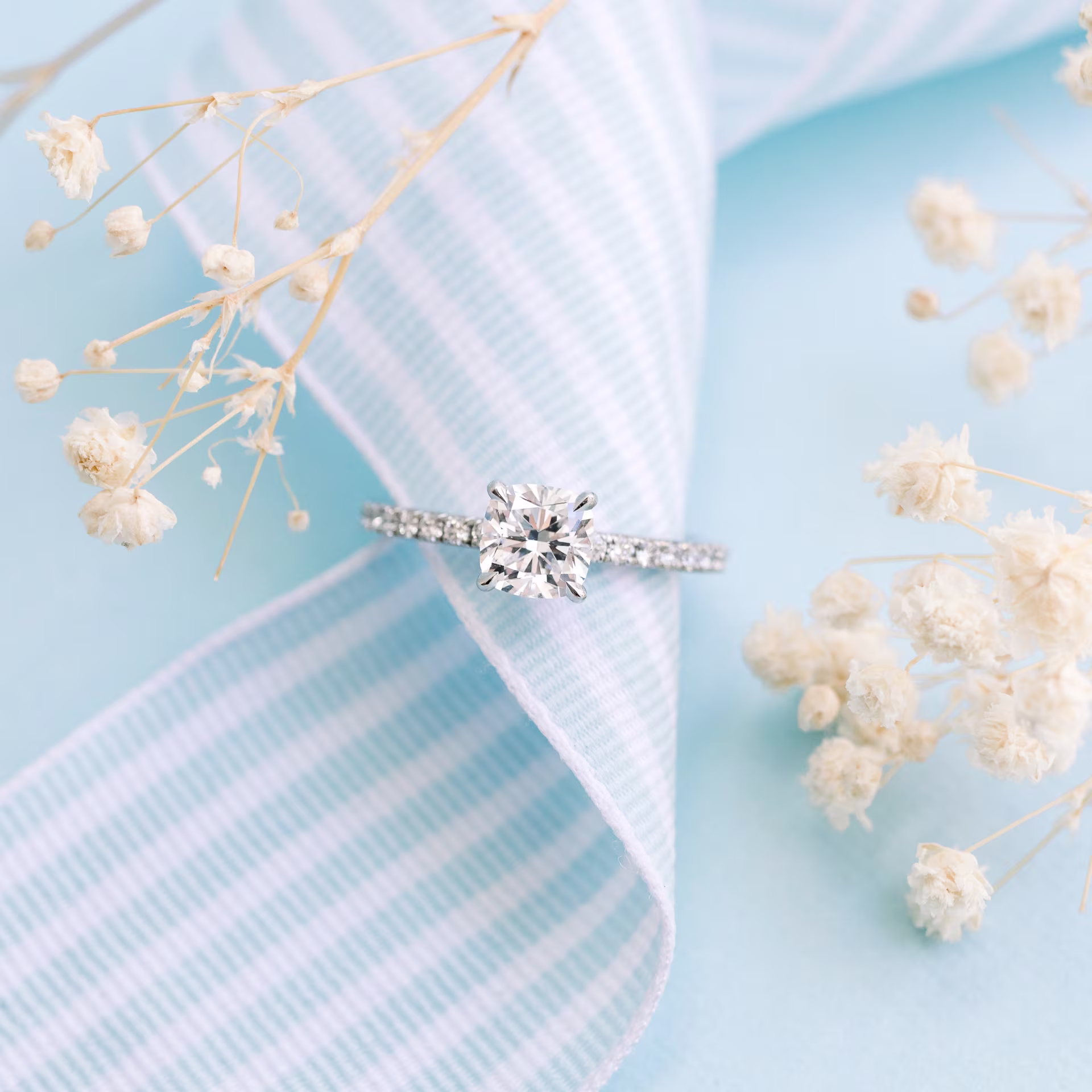 1.25 Carat Lab Grown Diamonds set in Platinum Cushion Classic Four Prong Pavé Diamond Engagement Ring (Main View)