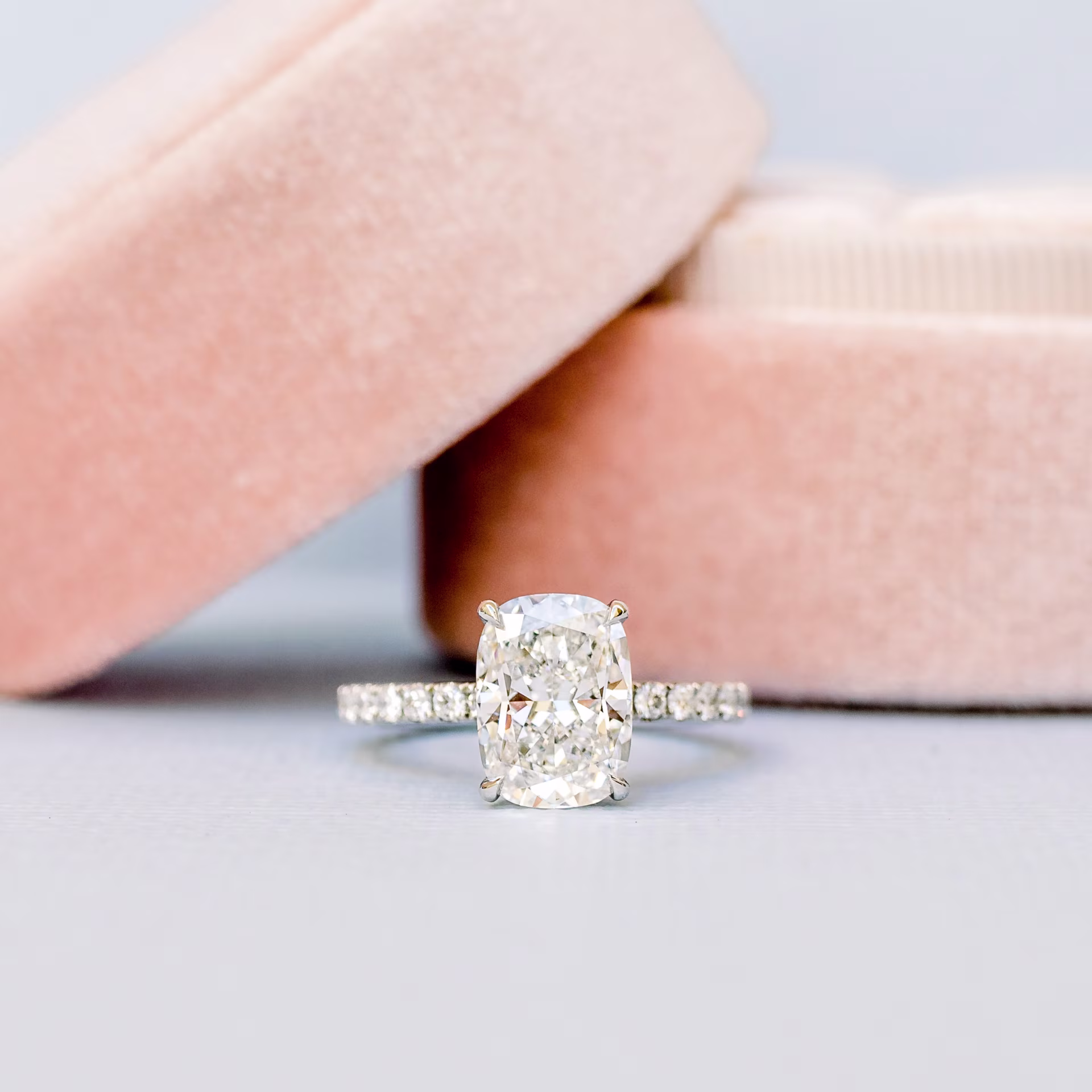 3.0 Carat Lab Grown Diamonds set in Platinum Cushion Petite Four Prong Pavé Diamond Engagement Ring (Main View)