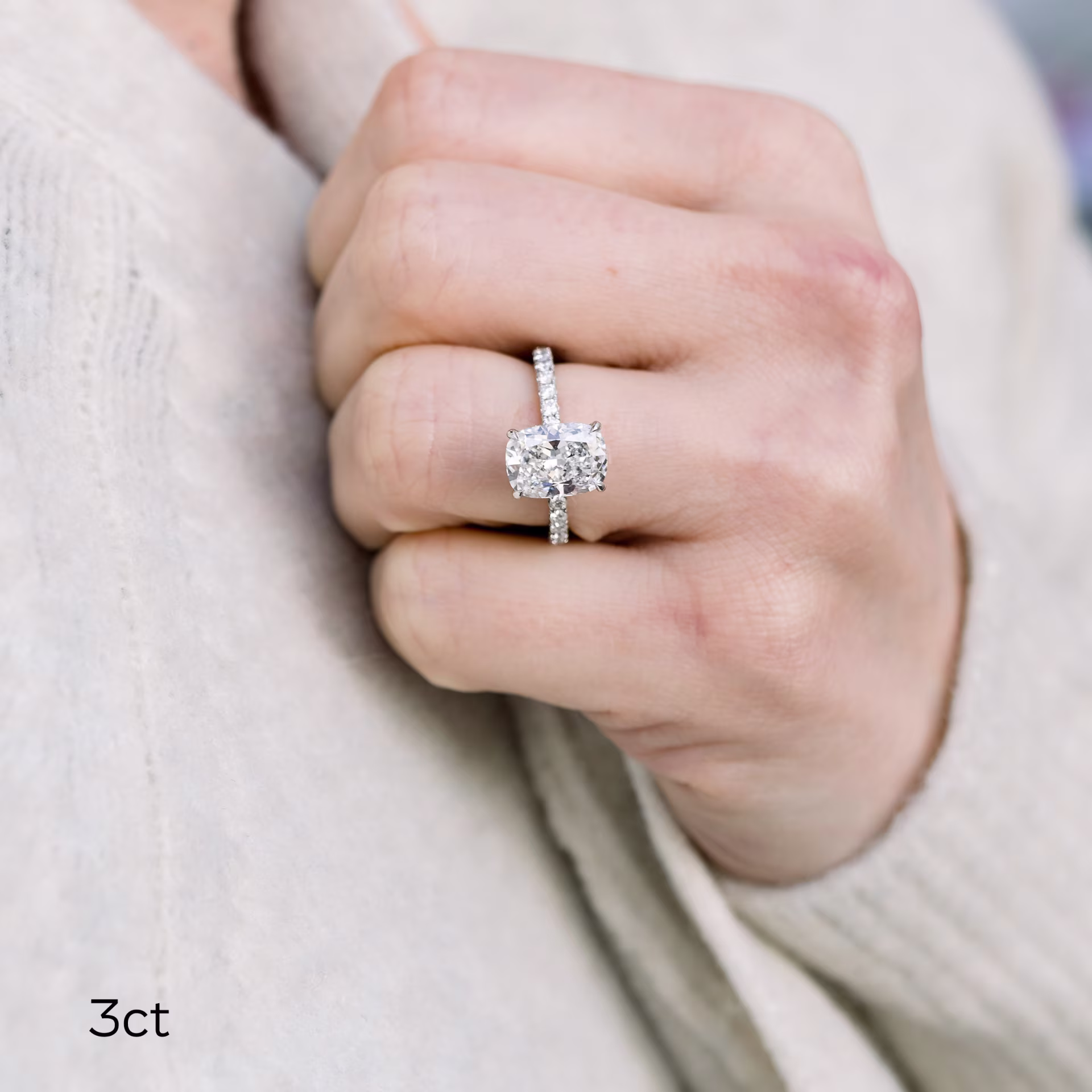 Hand Selected 3.0 Carat Lab Diamonds set in Platinum Cushion Petite Four Prong Pavé Diamond Engagement Ring (Main View)