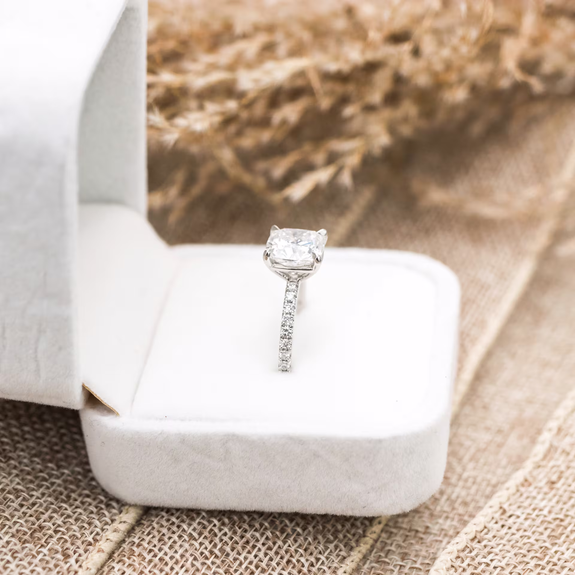 Platinum Cushion Petite Four Prong Pavé Setting featuring 3.0 ctw Diamonds (Side View)