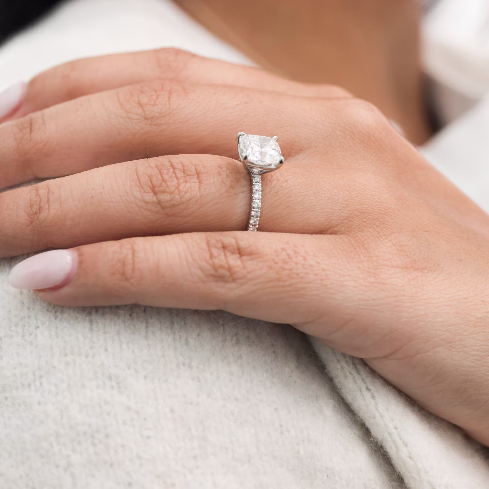 3.0 Carat Diamonds set in Platinum Cushion Petite Four Prong Pavé Setting (Side View)